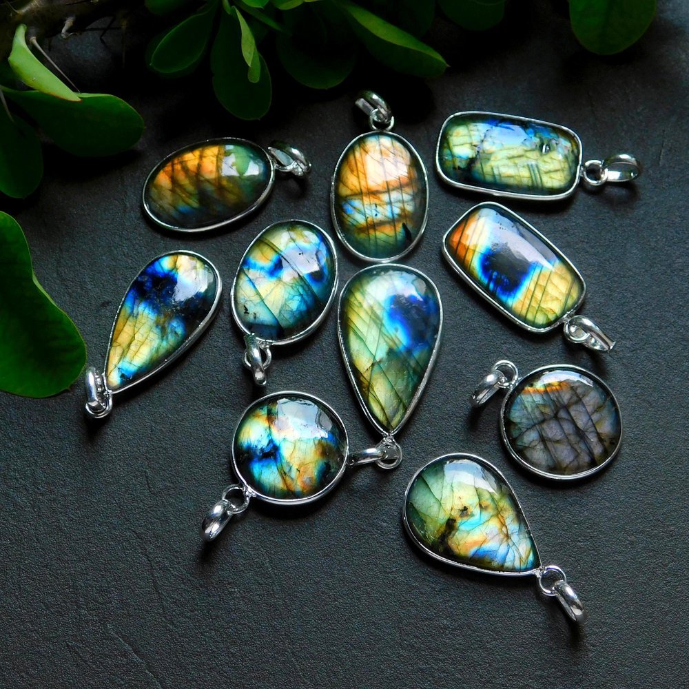 10 Pcs 161 Cts Natural Labradorite Silver Plated Pendant Semi-Precious Healing Crystal Jewelry Lots 17x35-19x24mm #12454