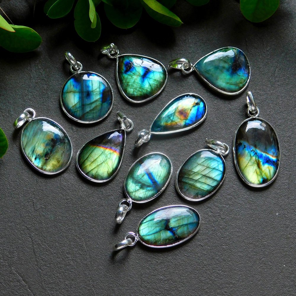 10 Pcs 145 Cts Natural Labradorite Silver Plated Pendant Semi-Precious Healing Crystal Jewelry Lots 17x31-14x26mm #12455