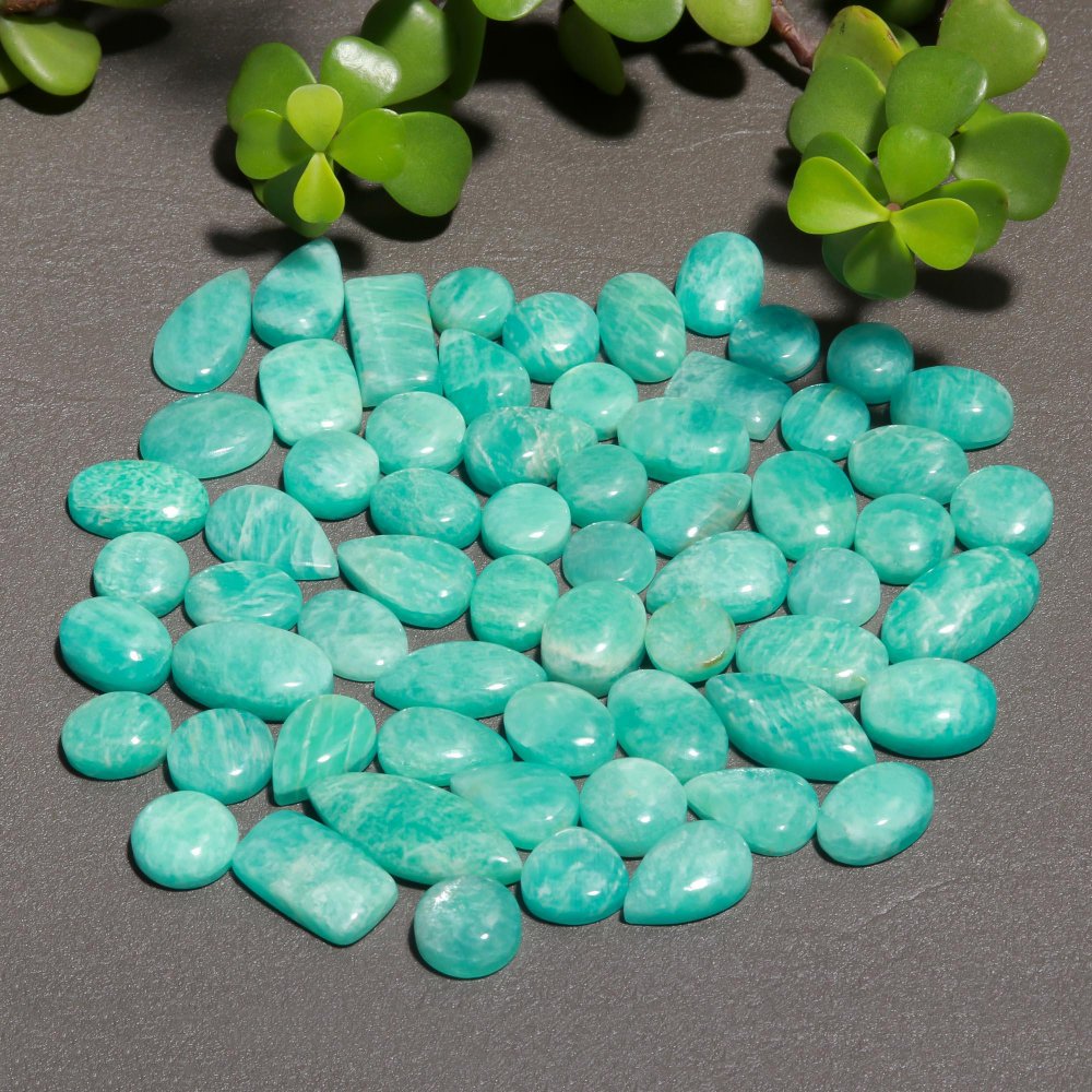 63 Pcs 394 Cts Natural Green Amazonite Cabochon Gemstone Lot,  Amazonite Jewelry Making Gemstone 10X21-11X12mm #12465