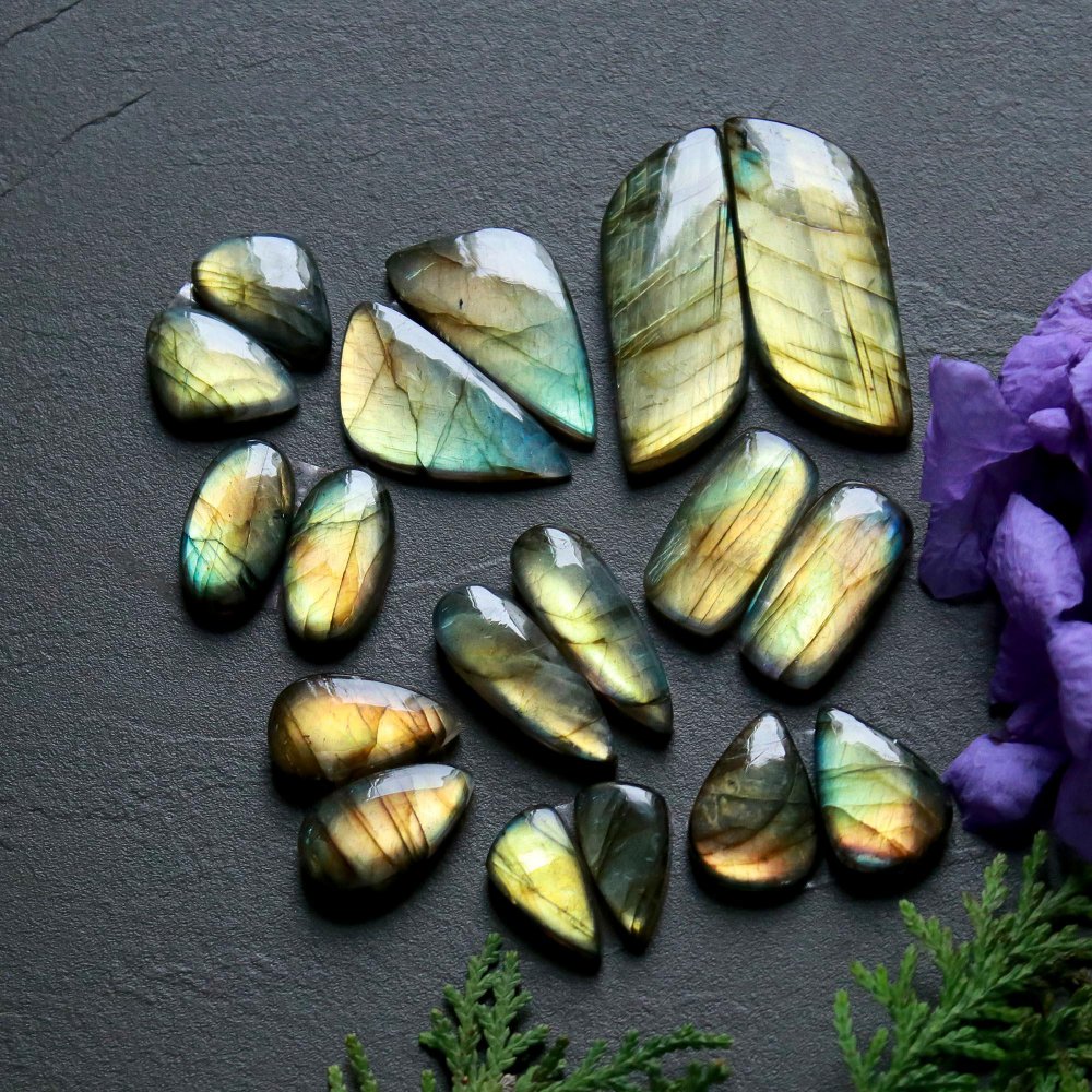 9 Pair 225 Cts  Natural Labradorite Pair Cabochon Multi Fire Gemstone Lot  Size 10x18-16x41mm #12533