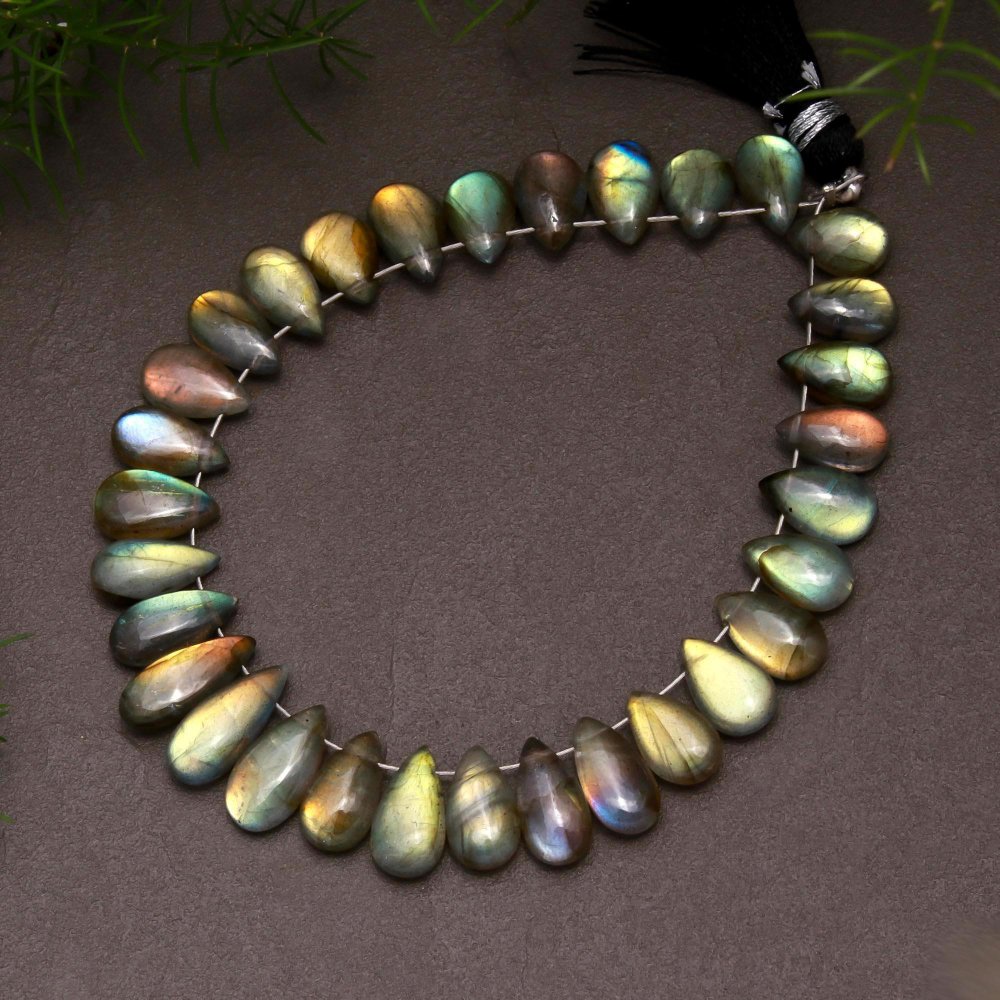 31 Pcs 74 Cts Natural Multifire Labradorite Side to Side Drill Smooth Briolette Layout Loose Gemstone Wholesale Lot Size 6x9-6x13mm #12721