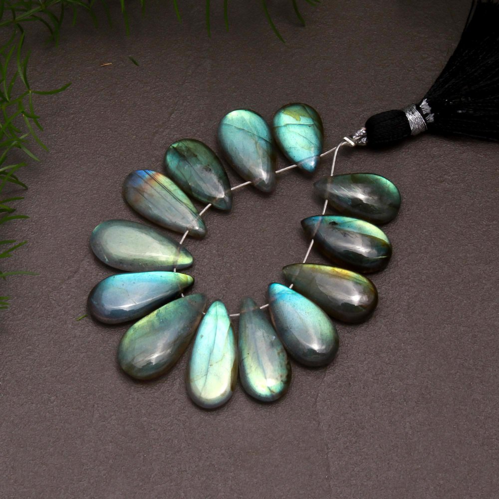 13 Pcs 59 Cts Natural Multifire Labradorite Side to Side Drill Smooth Briolette Layout Loose Gemstone Wholesale Lot Size 8x13-9x18mm #12723