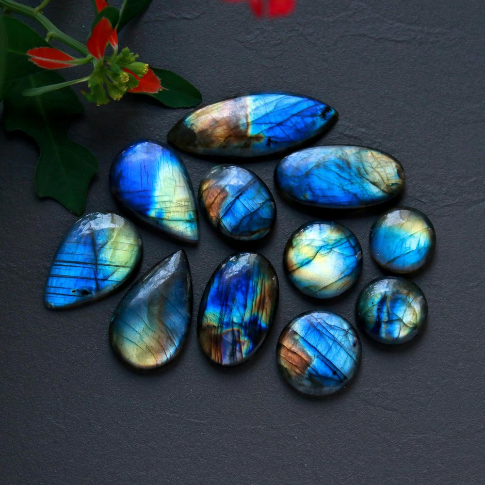 11Pcs 210Cts  Natural Labradorite Cabochon Loose Gemstone Jewelry Wire Wrapped Pendant Semi-Precious Healing Crystal Lots15x15-42x15mm #12899