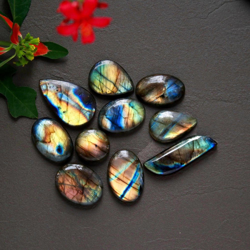 10 Pcs 190 Cts  Natural Labradorite Cabochon Loose Gemstone Jewelry Wire Wrapped Pendant Semi-Precious Healing Crystal Lot 16x16-31x19mm #12908