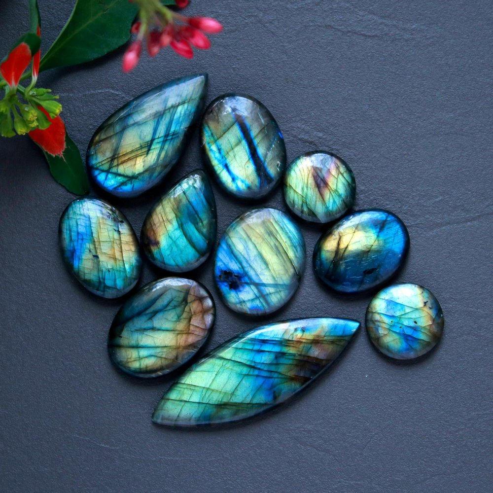 10 Pcs 196 Cts  Natural Labradorite Cabochon Loose Gemstone Jewelry Wire Wrapped Pendant Semi-Precious Healing Crystal Lot 15x15-49x17mm #12912