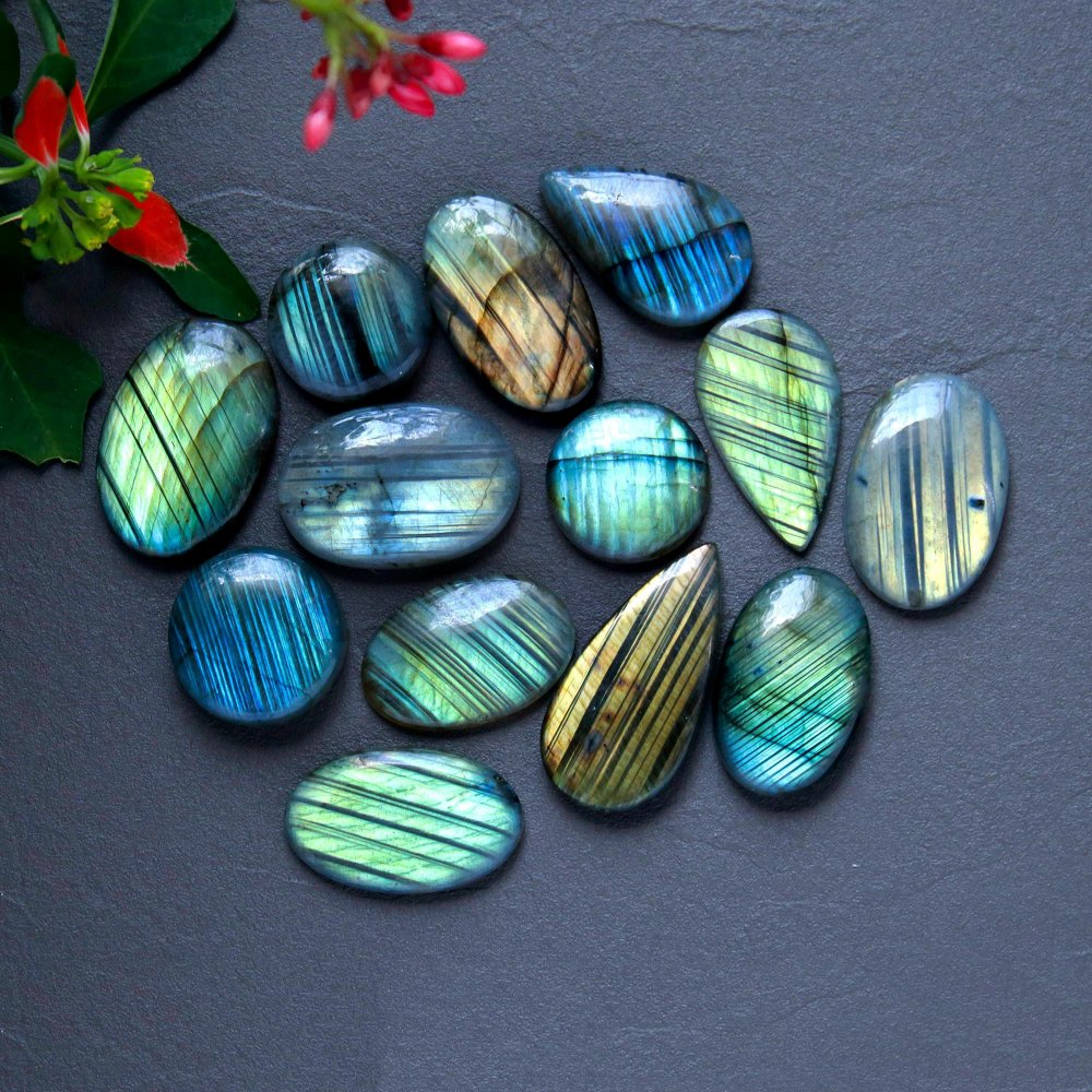 13 Pcs 250 Cts  Natural Labradorite Cabochon Loose Gemstone Jewelry Wire Wrapped Pendant Semi-Precious Healing Crystal Lot 18x18-32x15mm #12914