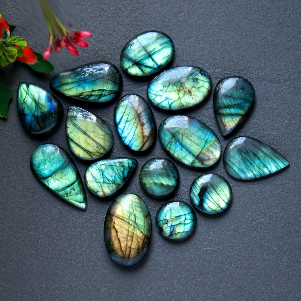 15Pcs 292 Cts  Natural Labradorite Cabochon Loose Gemstone Jewelry Wire Wrapped Pendant Semi-Precious Healing Crystal Lot 16x16-32x16mm #12921