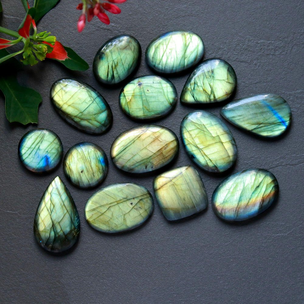 14Pcs 250Cts  Natural Labradorite Cabochon Loose Gemstone Jewelry Wire Wrapped Pendant Semi-Precious Healing Crystal Lot 16x16-28x16mm #12922