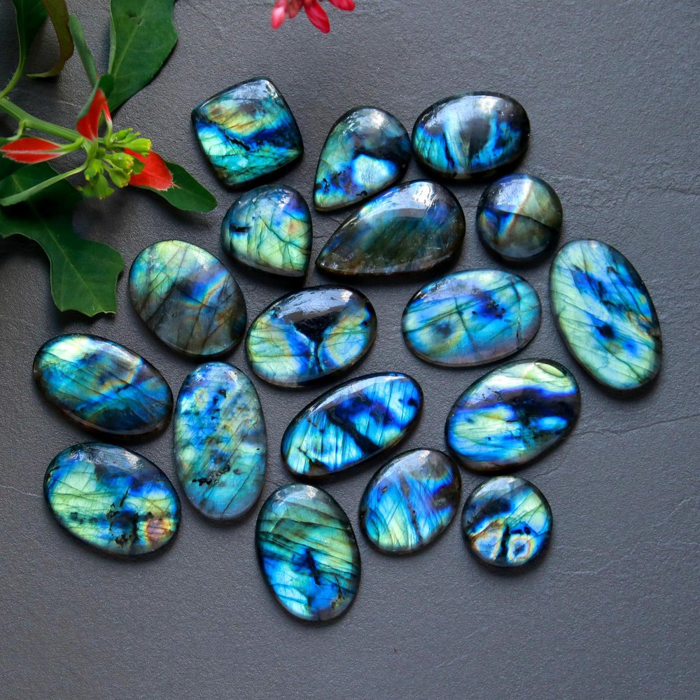 18Pcs 311Cts  Natural Labradorite Cabochon Loose Gemstone Jewelry Wire Wrapped Pendant Semi-Precious Healing Crystal Lot 16x16-30x17mm #12923