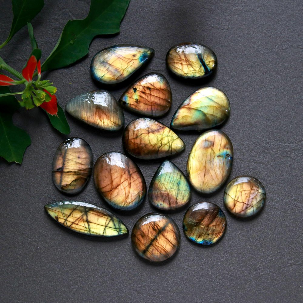 14Pcs 236Cts  Natural Labradorite Cabochon Loose Gemstone Jewelry Wire Wrapped Pendant Semi-Precious Healing Crystal Lots16x16-26x17mm #12927