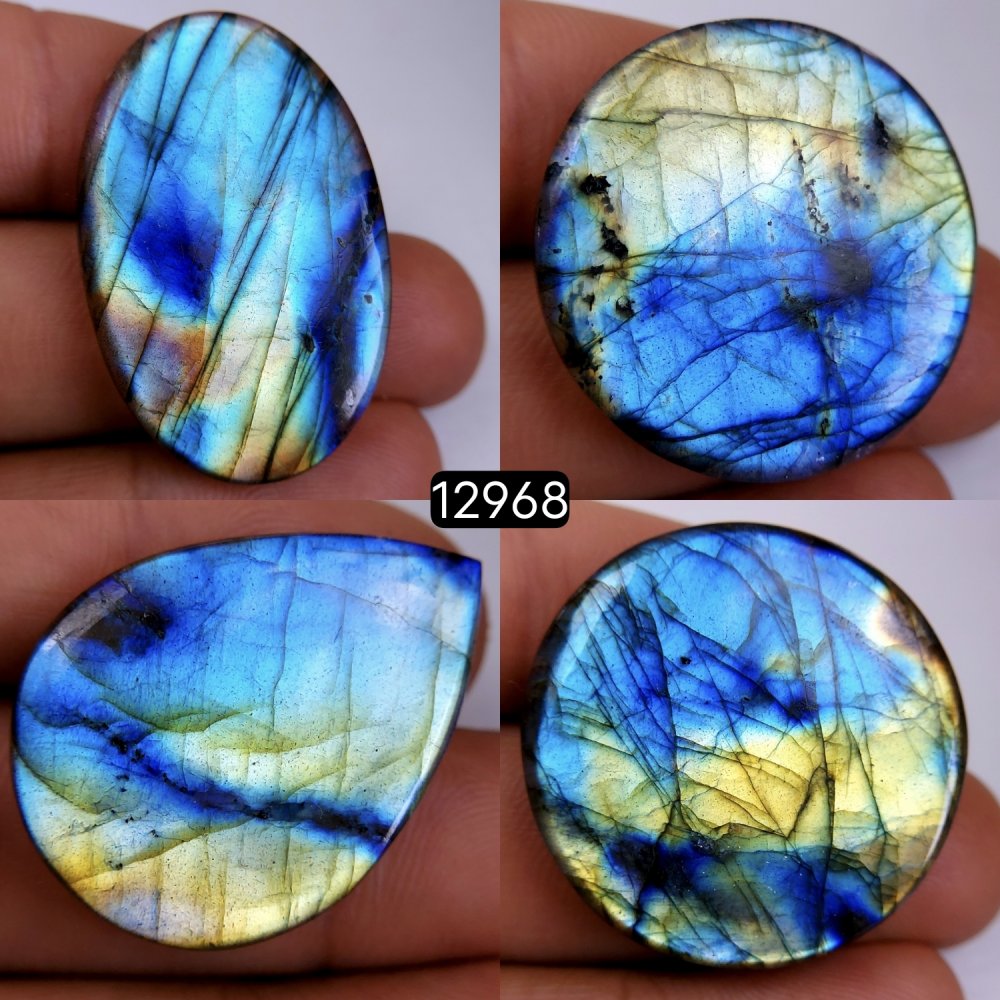 4 Pcs 138 Cts Natural Labradorite Cabochon Lot Polished Loose Gemstone Flat Back Labradorite Jewelry Making Mix Shapes Crystal  31x23-30x30mm #12968