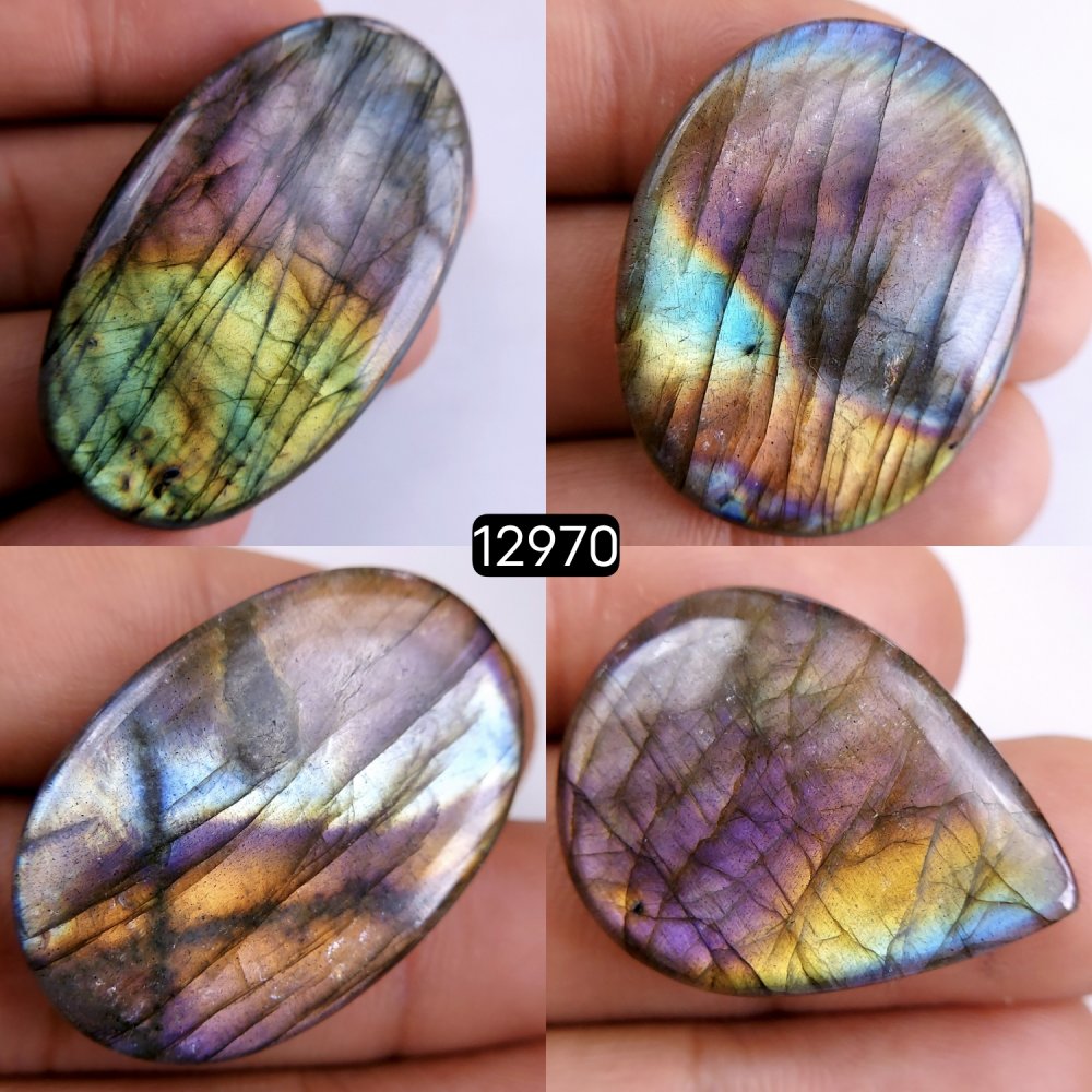 4 Pcs 216 Cts Natural Labradorite Cabochon Lot Polished Loose Gemstone Flat Back Labradorite Jewelry Making Mix Shapes Crystal  30x22-51x31mm #12970