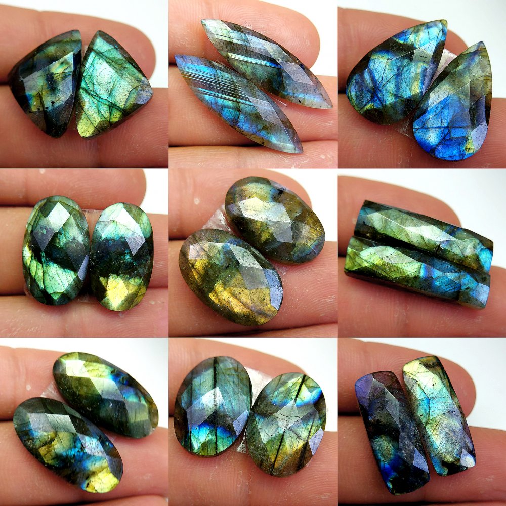 9 Pcs 170 Cts Natural Labradorite Cabochon Loose Gemstone Jewelry Wire Wrapped Pendant Semi-Precious Healing Crystal Lots 26x12 21x11 mm #13082