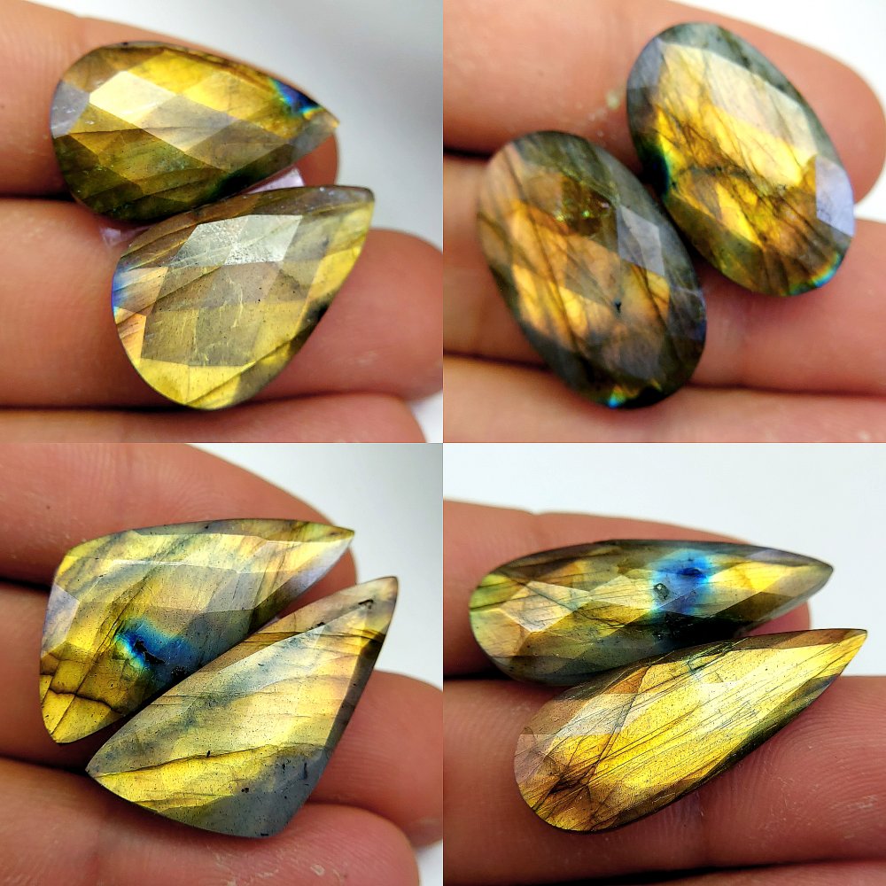 4 Pcs 120 Cts Natural Labradorite Cabochon Loose Gemstone Jewelry Wire Wrapped Pendant Semi-Precious Healing Crystal Lots 29x14 23x13mm #13093