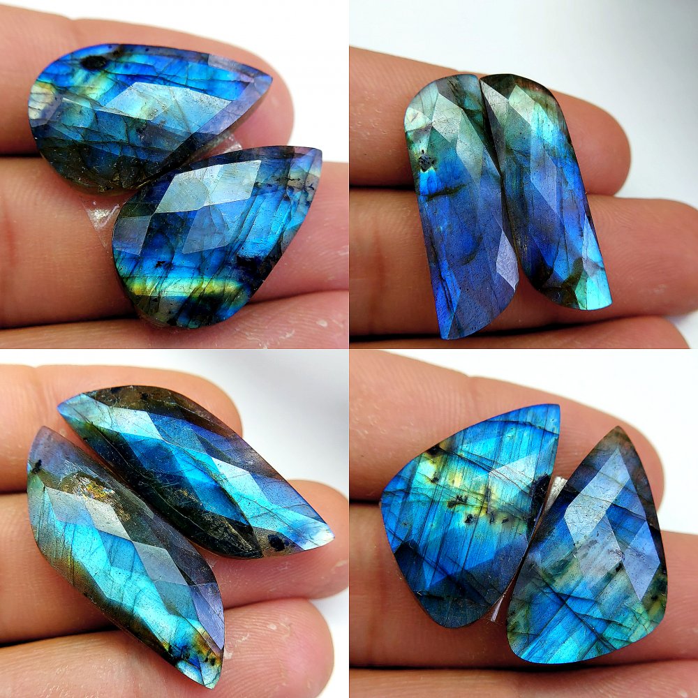 4 Pcs 128 Cts Natural Labradorite Cabochon Loose Gemstone Jewelry Wire Wrapped Pendant Semi-Precious Healing Crystal Lots 35x12 25x15mm #13095