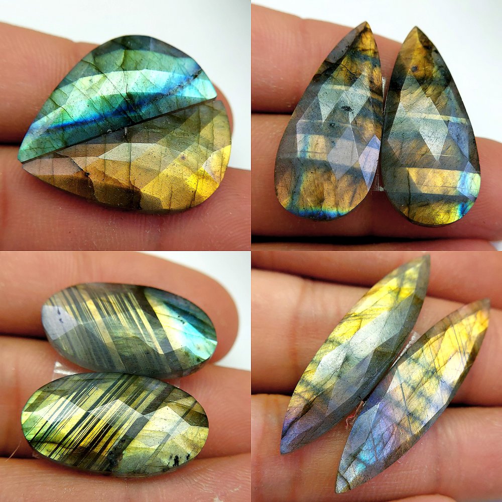 4 Pcs 106 Cts Natural Labradorite Cabochon Loose Gemstone Jewelry Wire Wrapped Pendant Semi-Precious Healing Crystal Lots 37x9 28x13mm #13104