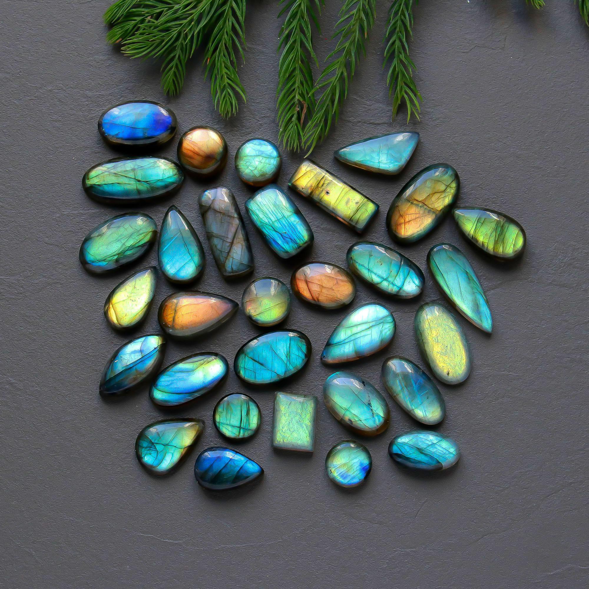 31 Pcs 240 Cts  Natural Labradorite Cabochon Loose Gemstone Jewelry Semi-Precious Healing Crystal Lots 10x10-23x10mm 13314