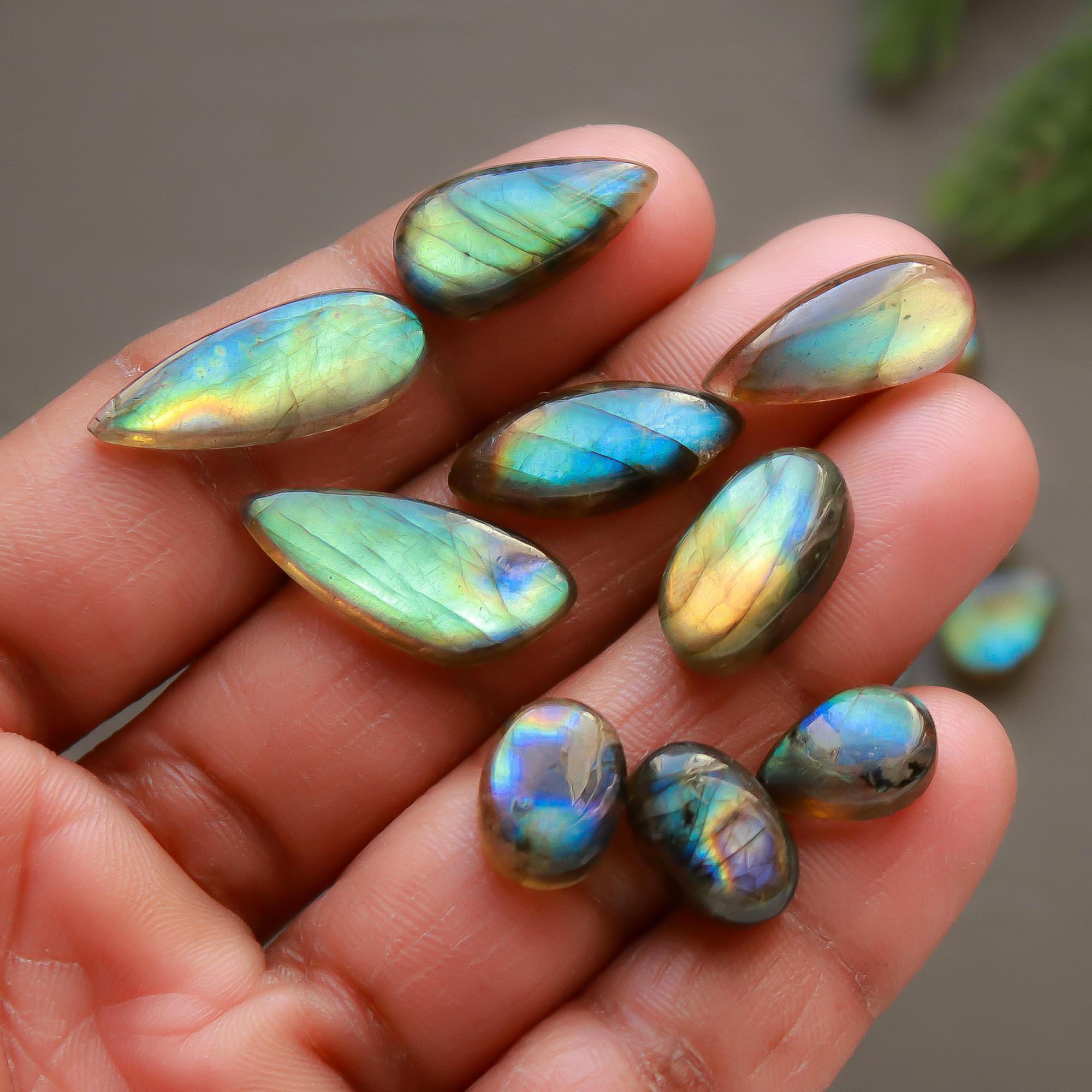 32 Pcs 148 Cts  Natural Labradorite Cabochon Loose Gemstone Jewelry Semi-Precious Healing Crystal Lots 7x7-22x8mm 13319