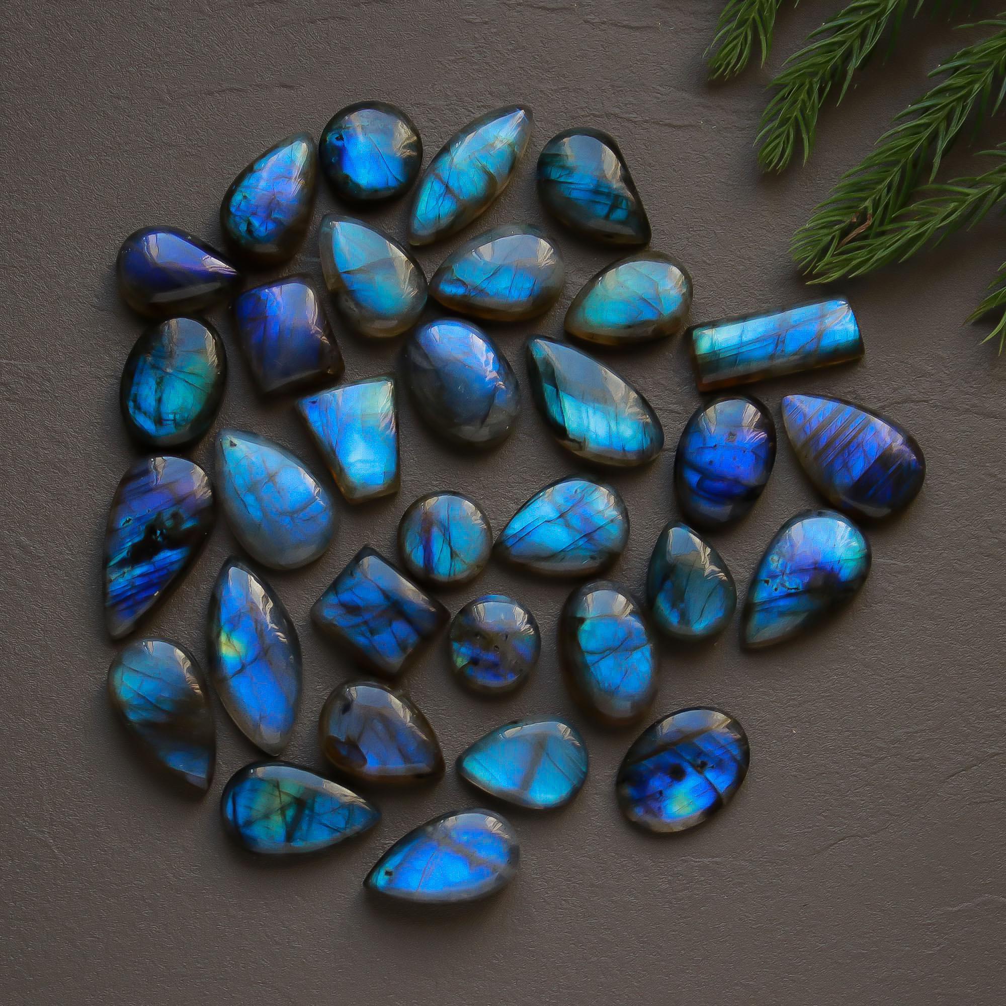 32 Pcs 328 Cts  Natural Labradorite Cabochon Loose Gemstone Jewelry Semi-Precious Healing Crystal Lots 11x11-26x11mm 13322