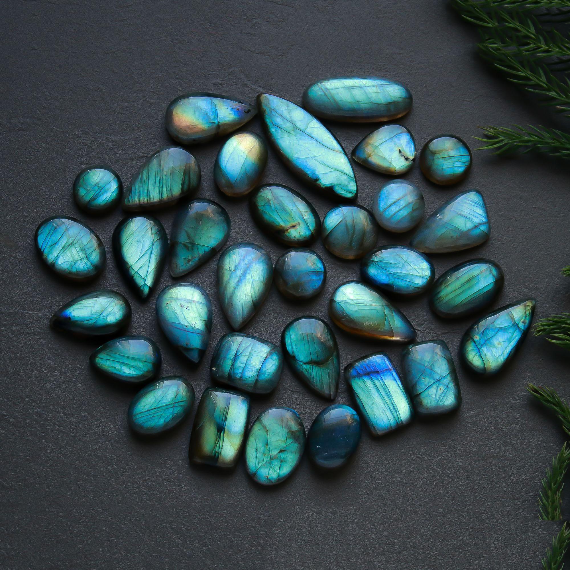 32 Pcs 346 Cts  Natural Labradorite Cabochon Loose Gemstone Jewelry Semi-Precious Healing Crystal Lots 11x11-35x12mm 13326