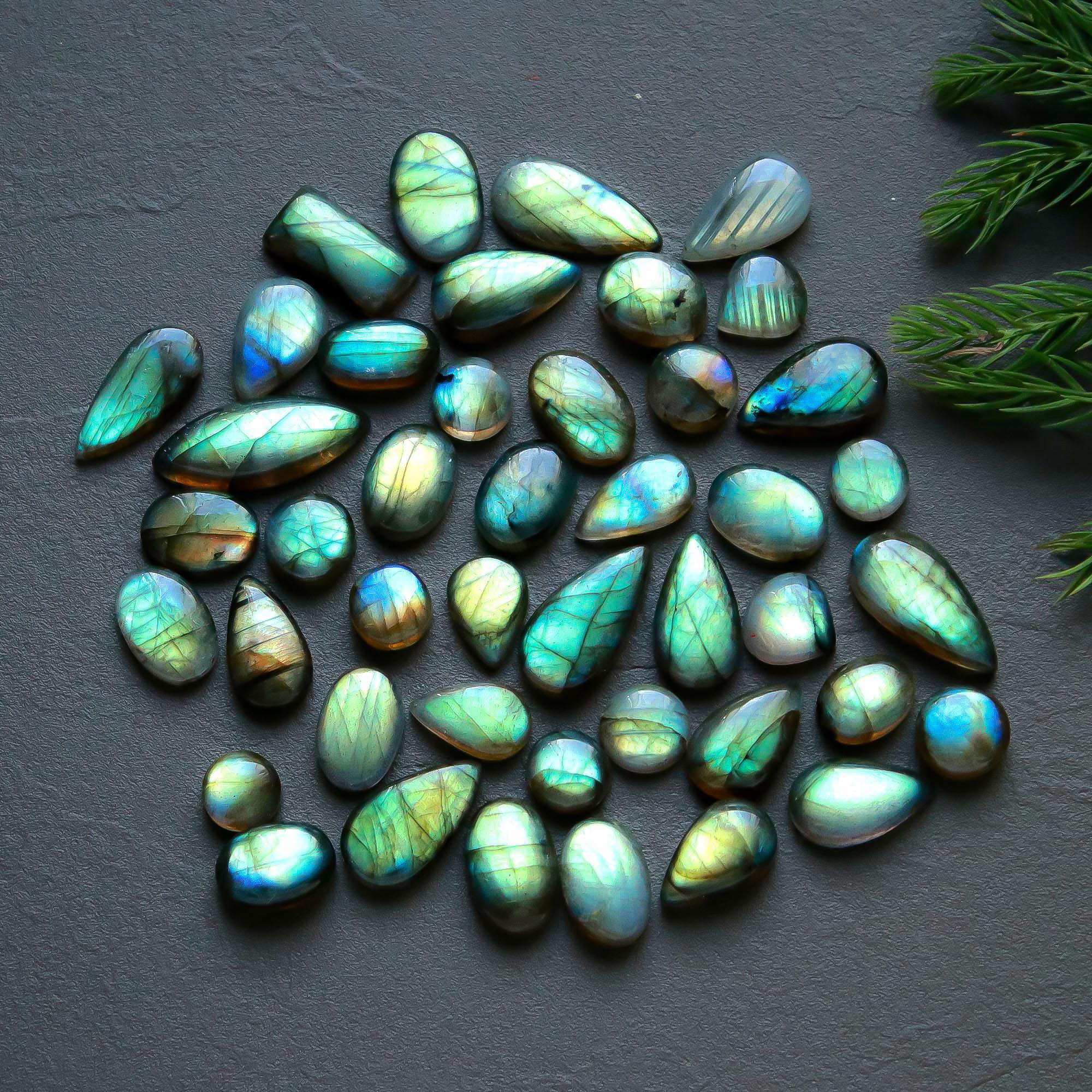 44 Pcs 195 Cts  Natural Labradorite Cabochon Loose Gemstone Jewelry Semi-Precious Healing Crystal Lots 8x8-23x9mm 13327