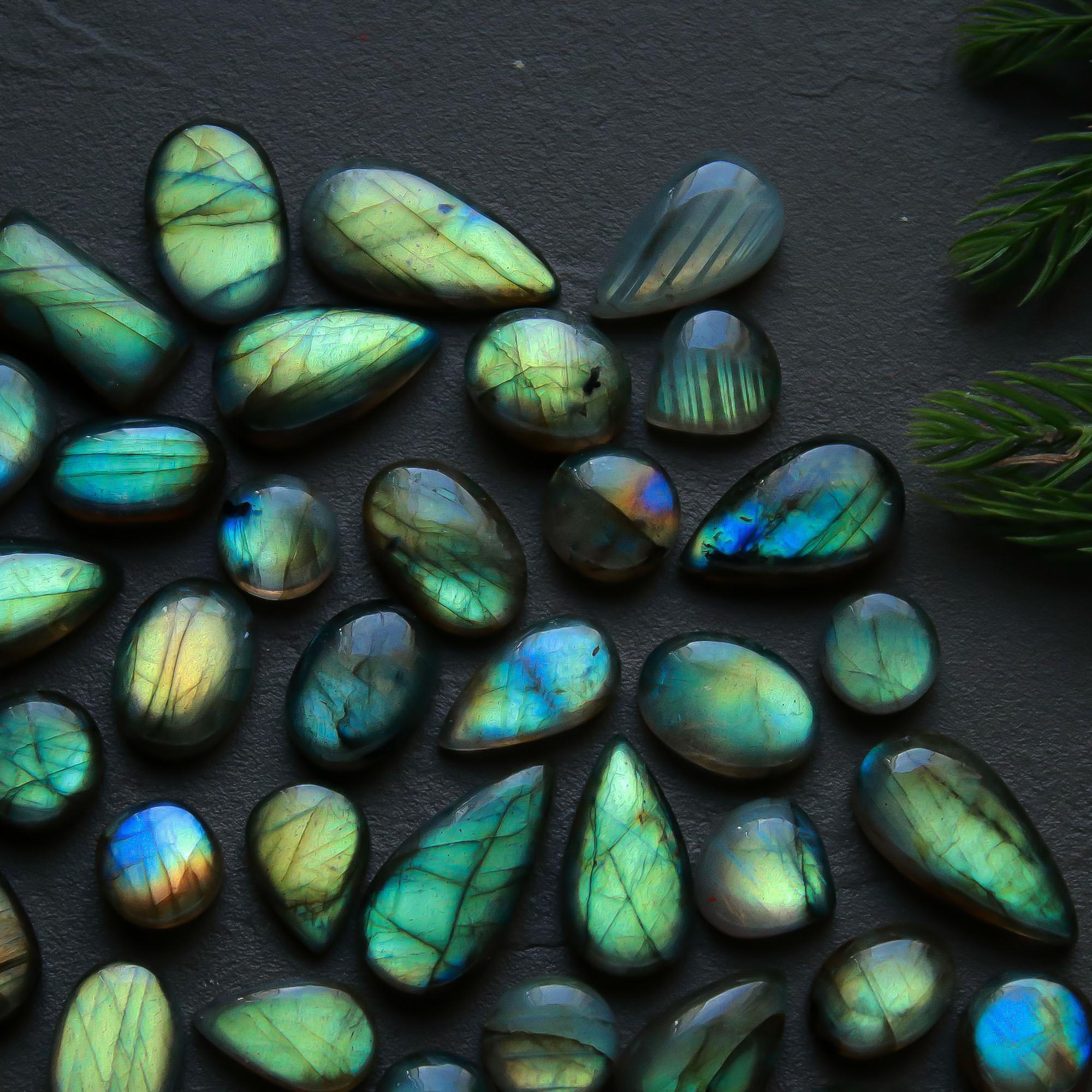 44 Pcs 195 Cts  Natural Labradorite Cabochon Loose Gemstone Jewelry Semi-Precious Healing Crystal Lots 8x8-23x9mm 13327