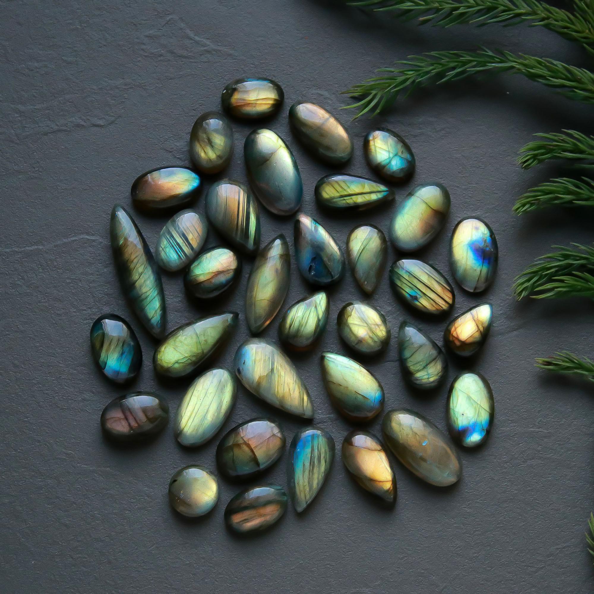 34 Pcs 179 Cts  Natural Labradorite Cabochon Loose Gemstone Jewelry Semi-Precious Healing Crystal Lots 9x9-27x7mm 13328