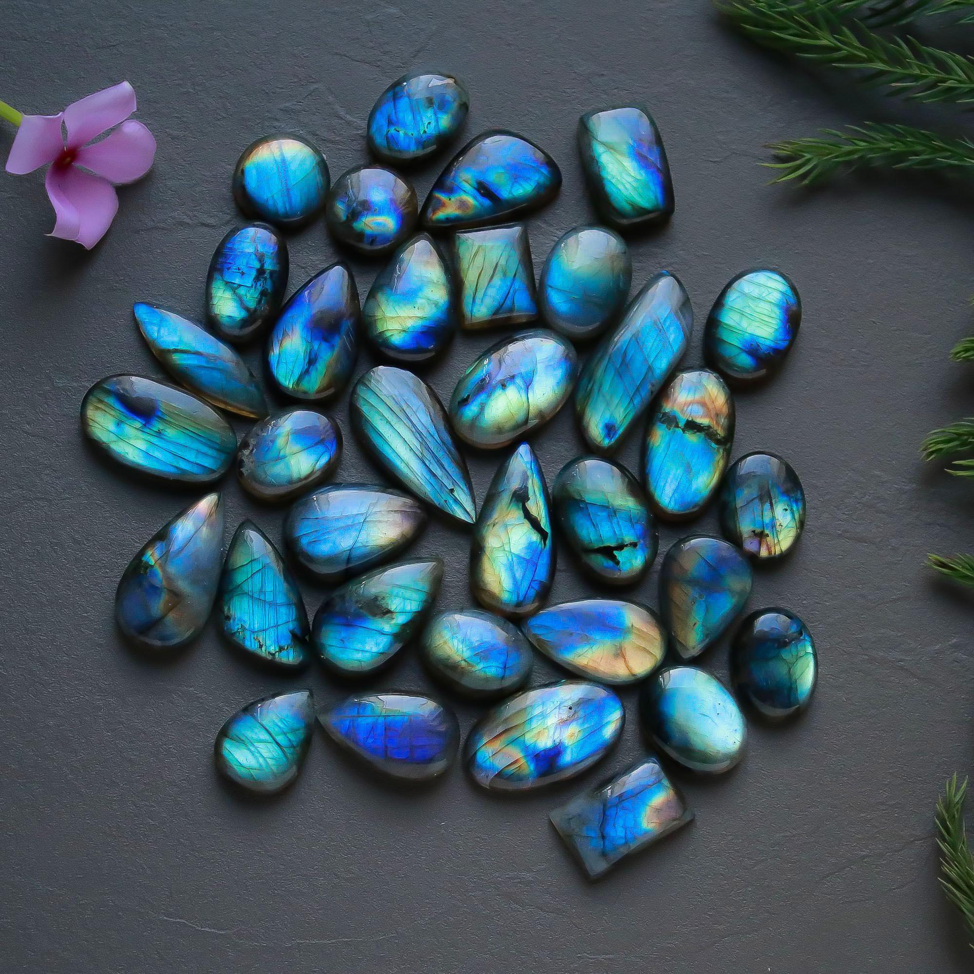 34 Pcs 367 Cts  Natural Labradorite Cabochon Loose Gemstone Jewelry Semi-Precious Healing Crystal Lots 12x12-27x10mm 13331