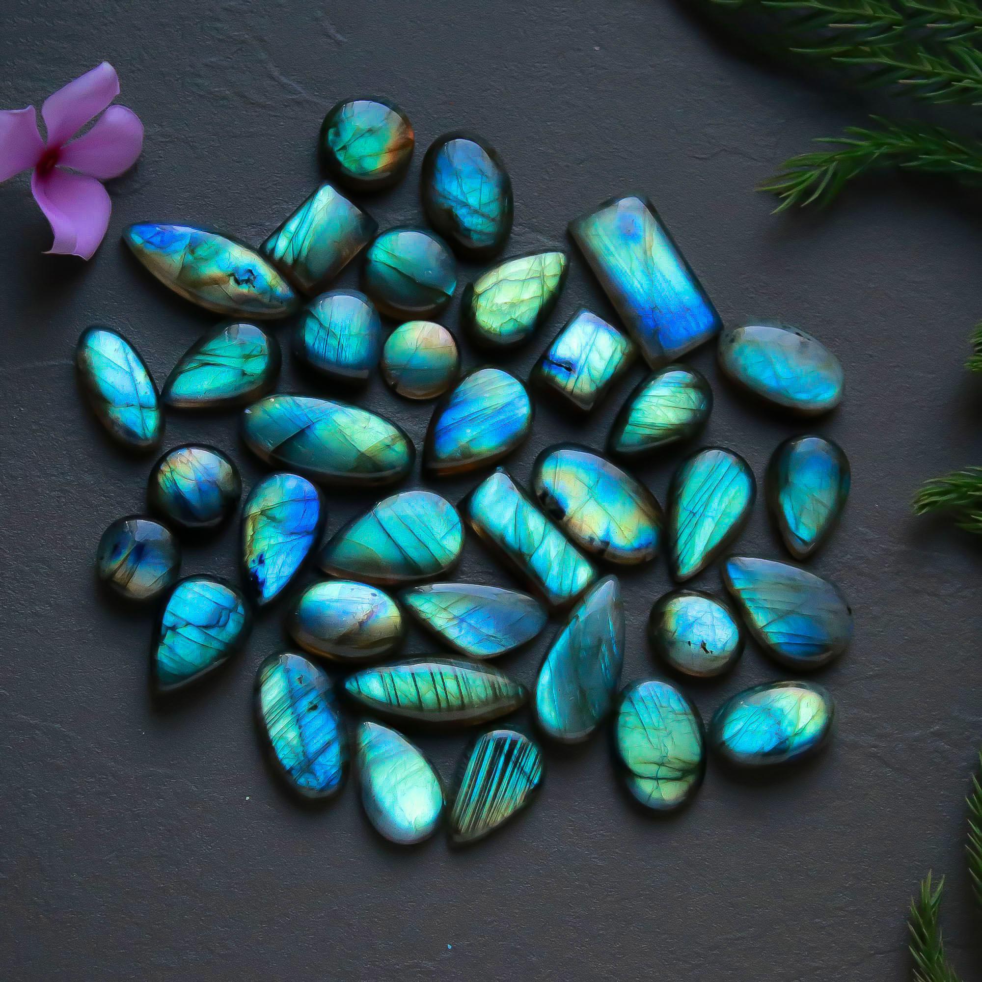 36 Pcs 259 Cts  Natural Labradorite Cabochon Loose Gemstone Jewelry Semi-Precious Healing Crystal Lots 9x9-21x10mm 13332