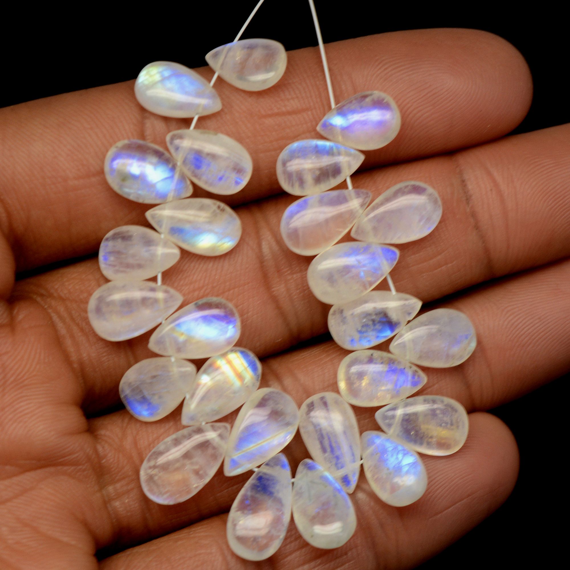 25Pcs 75Cts  Natural Rainbow Moonstone Teadrop Briolettes Side Drill Loose Gemstone Cabochon Beads For Jewelry Making  10x7-14x7mm13532