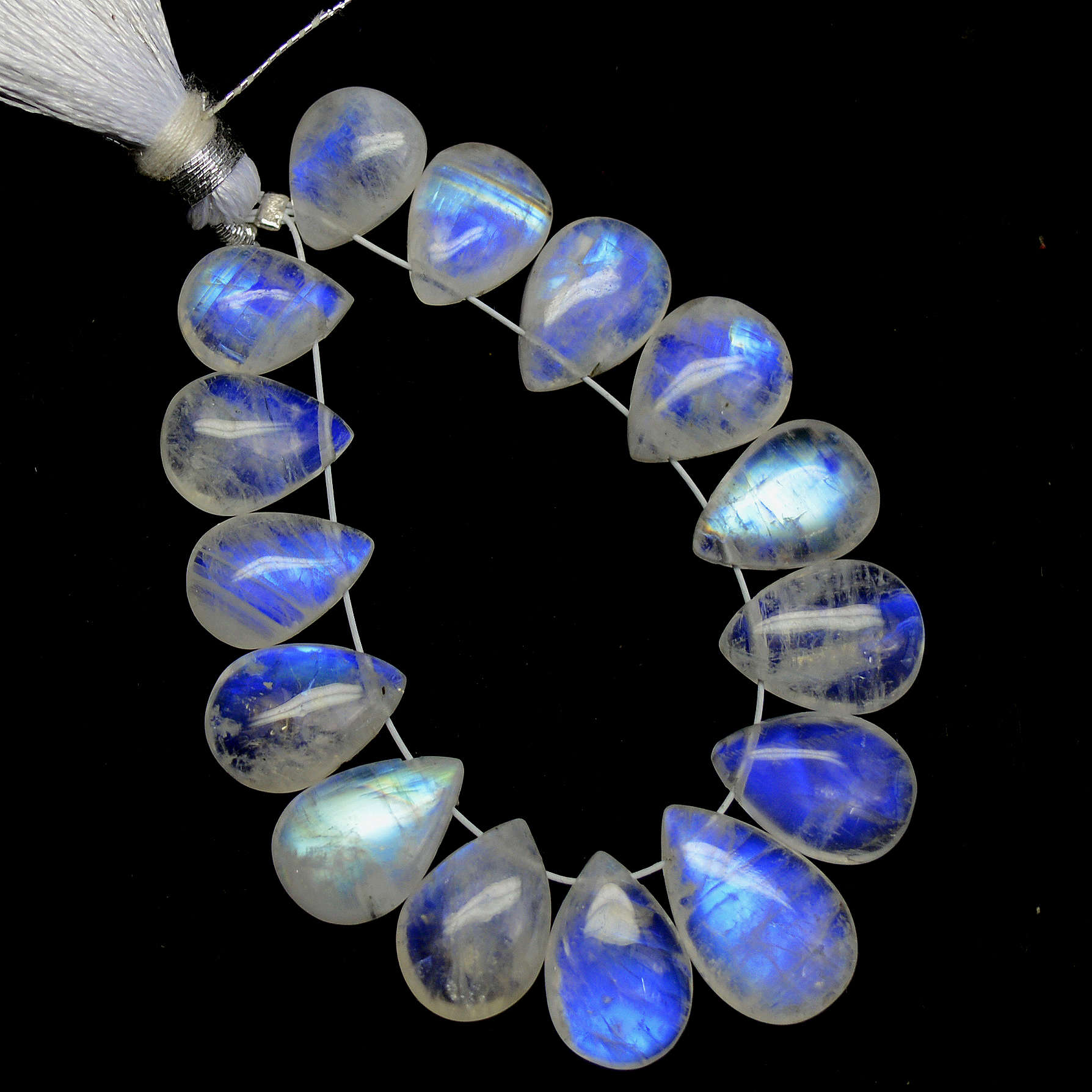 15Pcs 51Cts  Natural Rainbow Moonstone Teadrop Briolettes Side Drill Loose Gemstone Cabochon Beads For Jewelry Making  9x7-14x9mm13534