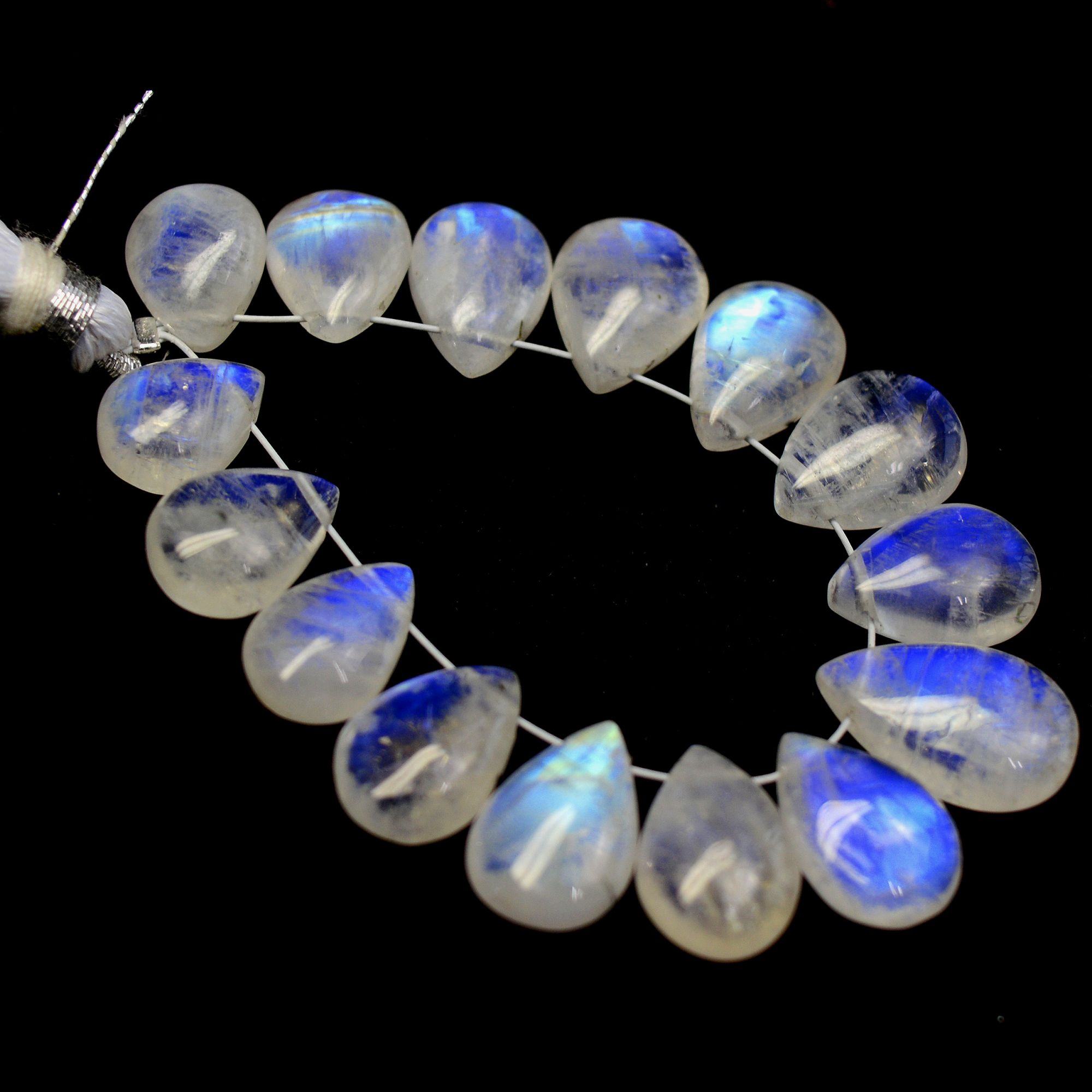 15Pcs 51Cts  Natural Rainbow Moonstone Teadrop Briolettes Side Drill Loose Gemstone Cabochon Beads For Jewelry Making  9x7-14x9mm13534