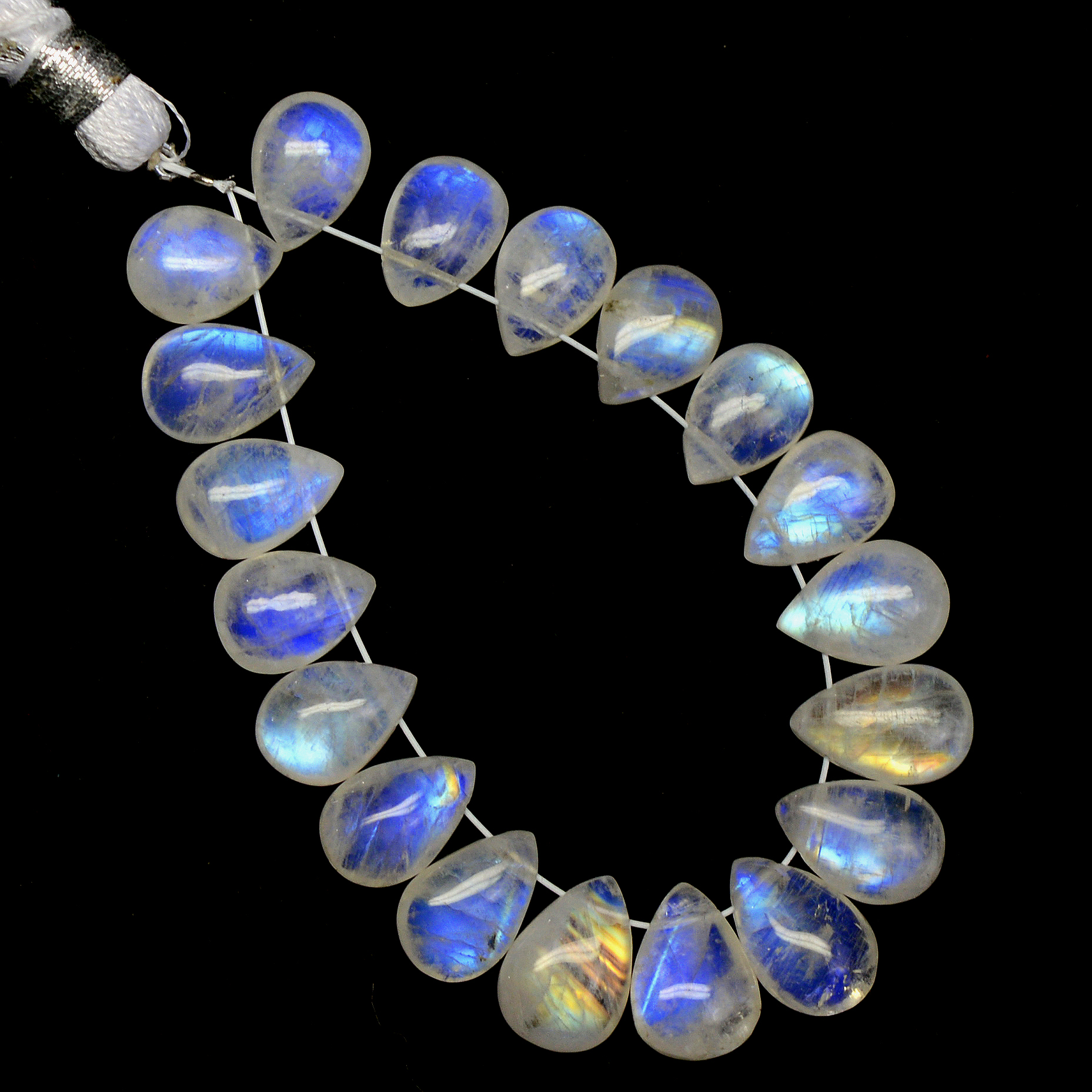 19Pcs 47Cts  Natural Rainbow Moonstone Teadrop Briolettes Side Drill Loose Gemstone Cabochon Beads For Jewelry Making  9x6-10x7mm13536