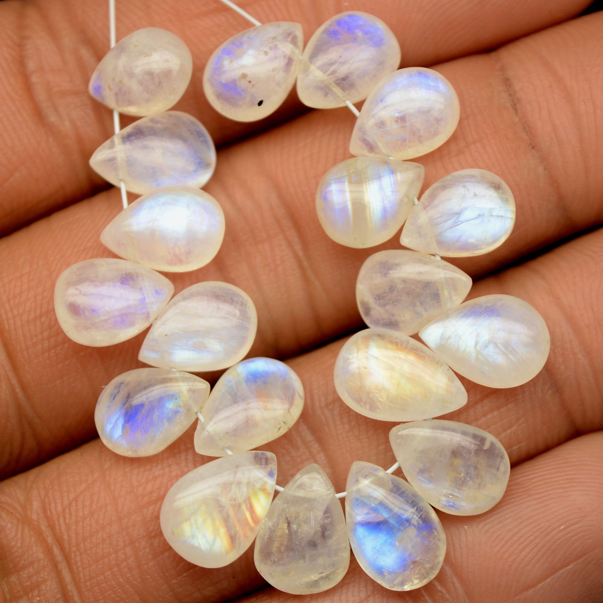 19Pcs 47Cts  Natural Rainbow Moonstone Teadrop Briolettes Side Drill Loose Gemstone Cabochon Beads For Jewelry Making  9x6-10x7mm13536