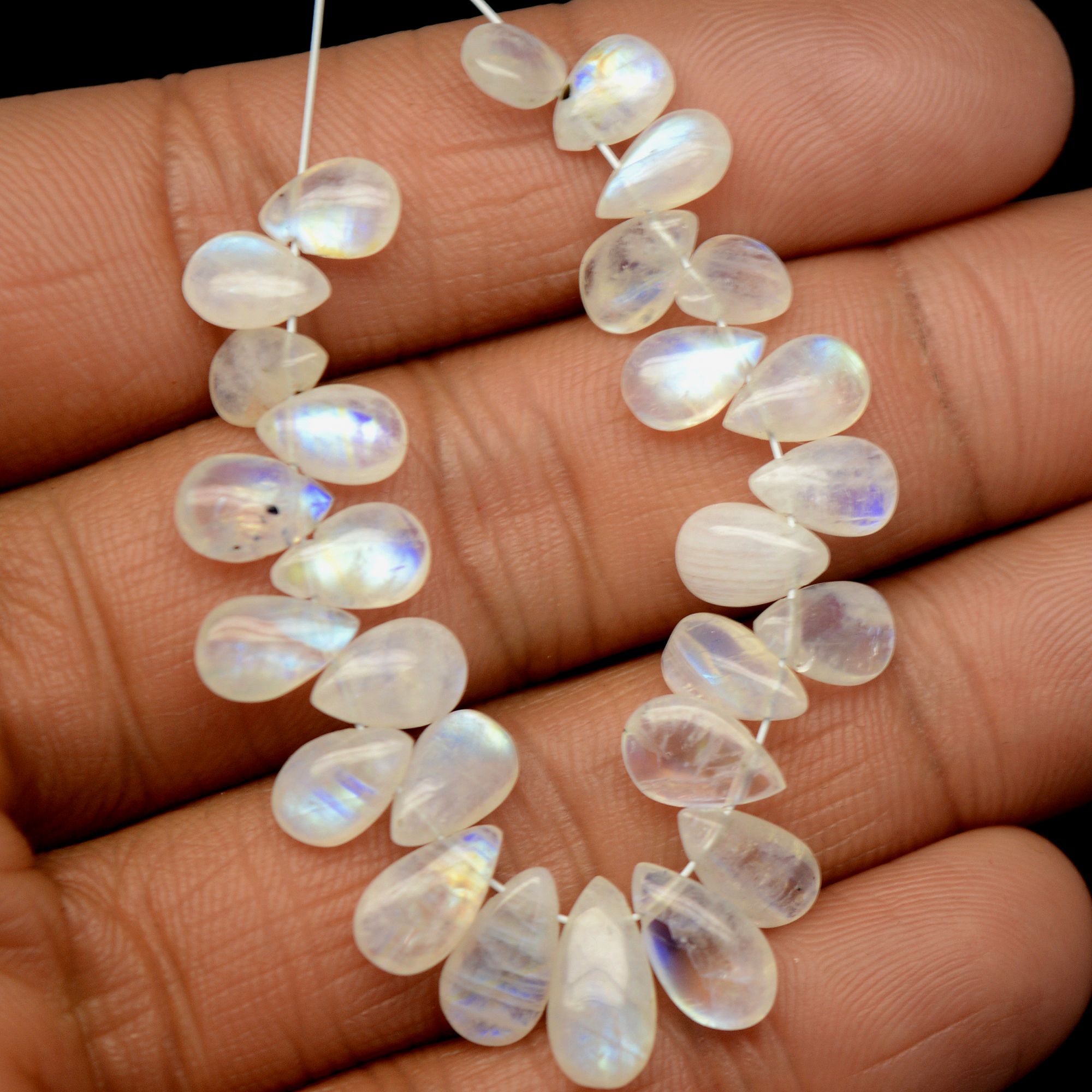 28Pcs 34Cts  Natural Rainbow Moonstone Teadrop Briolettes Side Drill Loose Gemstone Cabochon Beads For Jewelry Making  6x4-10x5mm13537