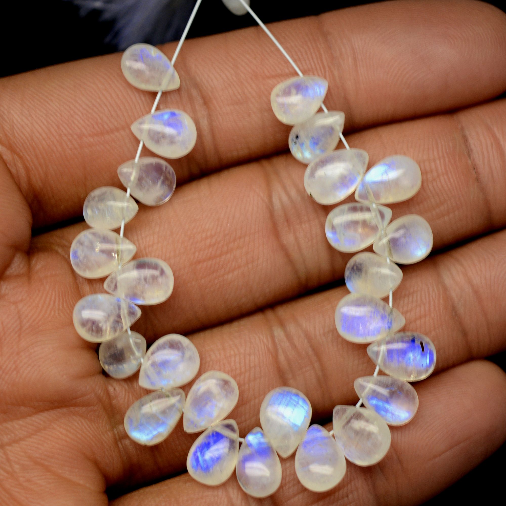 27Pcs 50Cts  Natural Rainbow Moonstone Teadrop Briolettes Side Drill Loose Gemstone Cabochon Beads For Jewelry Making  8x5-9x6mm13539