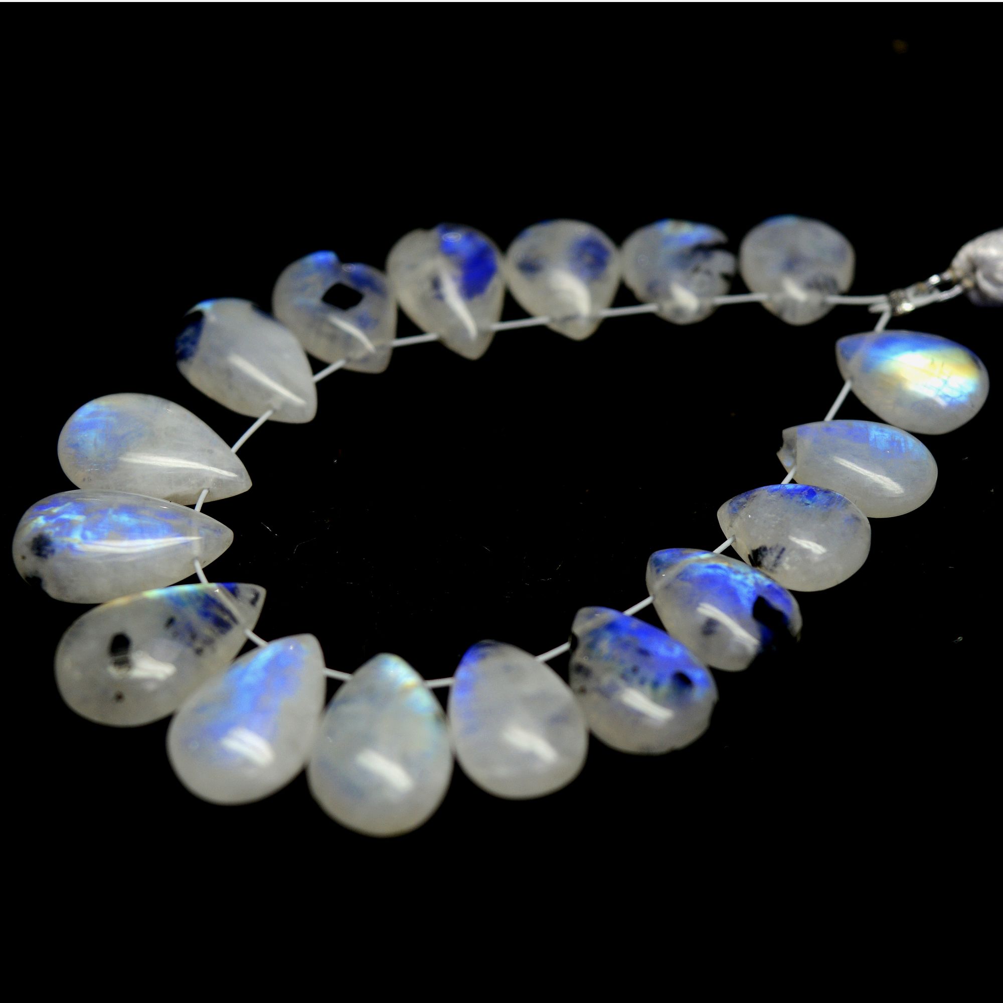 17Pcs 60Cts Natural Rainbow Moonstone Teadrop Briolettes Blue Flash Side Drill Loose Gemstone Cabochon Beads Wholesale Lot 10x8-14x8mm13542