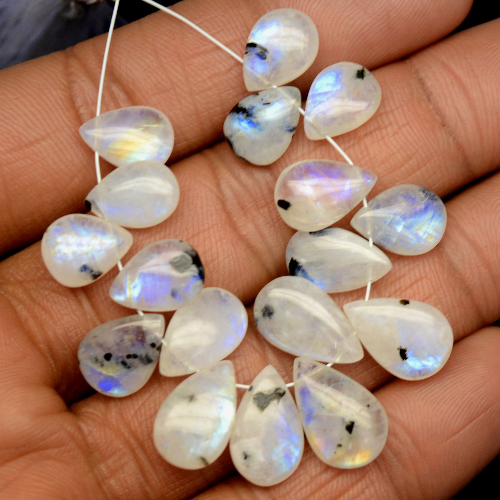 17Pcs 60Cts Natural Rainbow Moonstone Teadrop Briolettes Blue Flash Side Drill Loose Gemstone Cabochon Beads Wholesale Lot 10x8-14x8mm13542