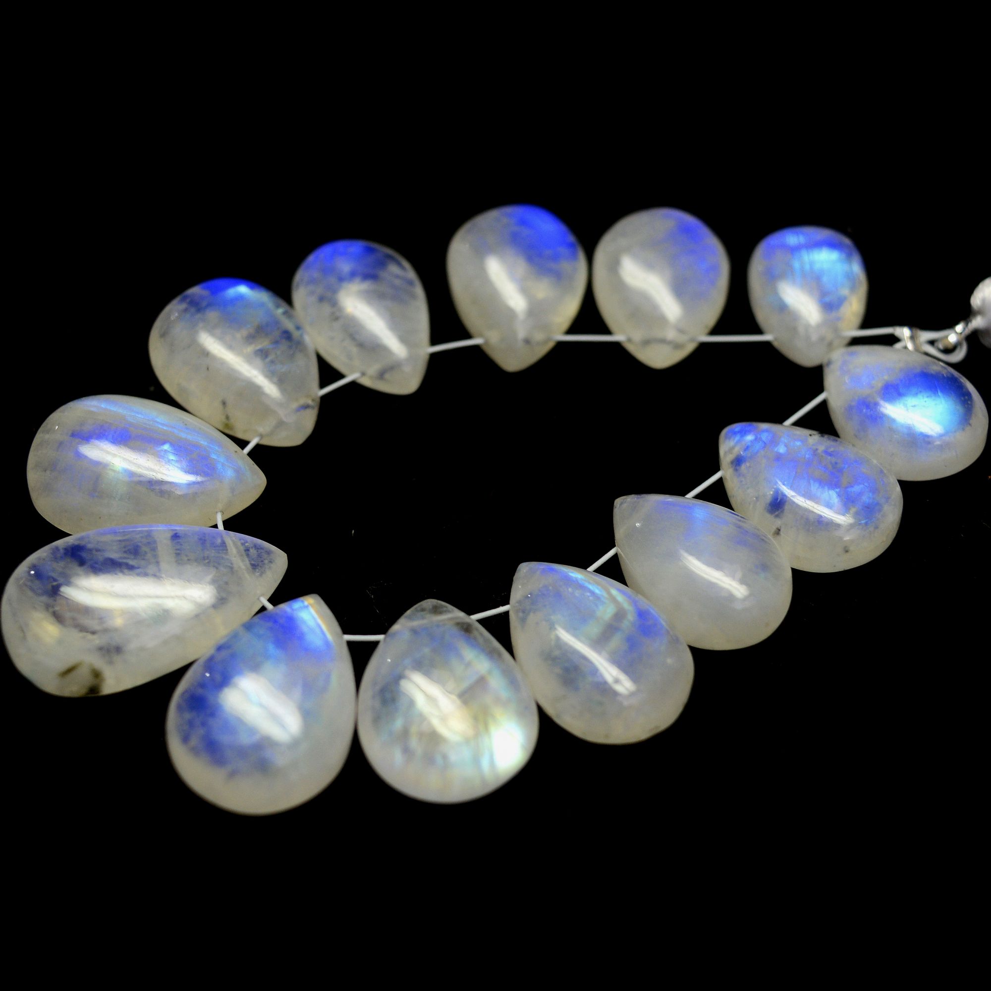 13Pcs 110Cts Natural Rainbow Moonstone Teadrop Briolettes Blue Flash Side Drill Loose Gemstone Cabochon Beads Wholesale 12x9-20x12mm13548