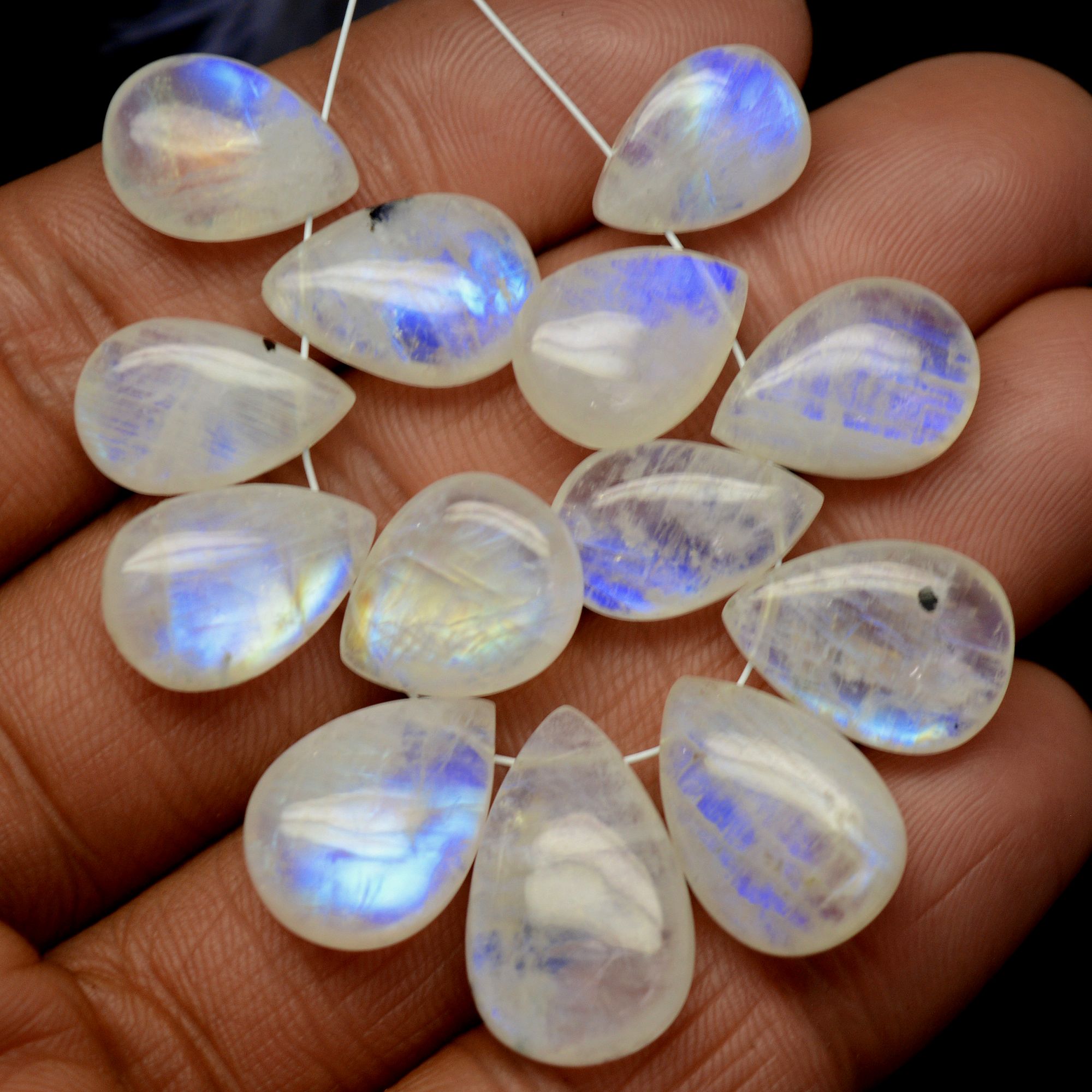 13Pcs 110Cts Natural Rainbow Moonstone Teadrop Briolettes Blue Flash Side Drill Loose Gemstone Cabochon Beads Wholesale 12x9-20x12mm13548