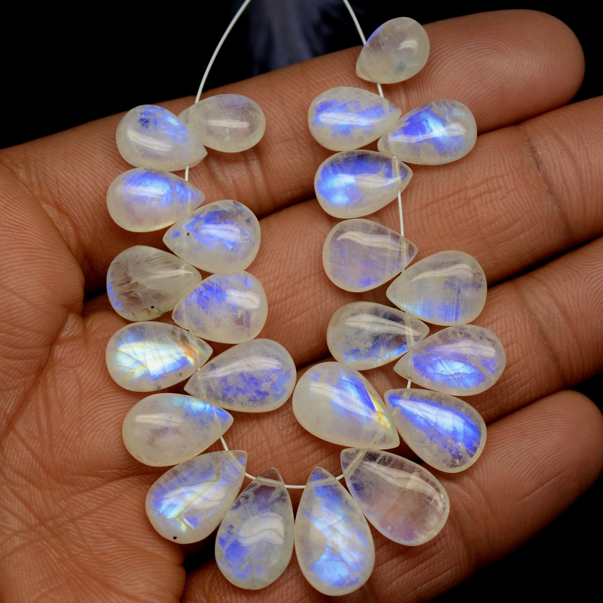 23Pc 109Cts Natural Rainbow Moonstone Teadrop Briolettes Blue Flash Side Drill Loose Gemstone Cabochon Beads Wholesale Lot 10x7-16x9mm13549