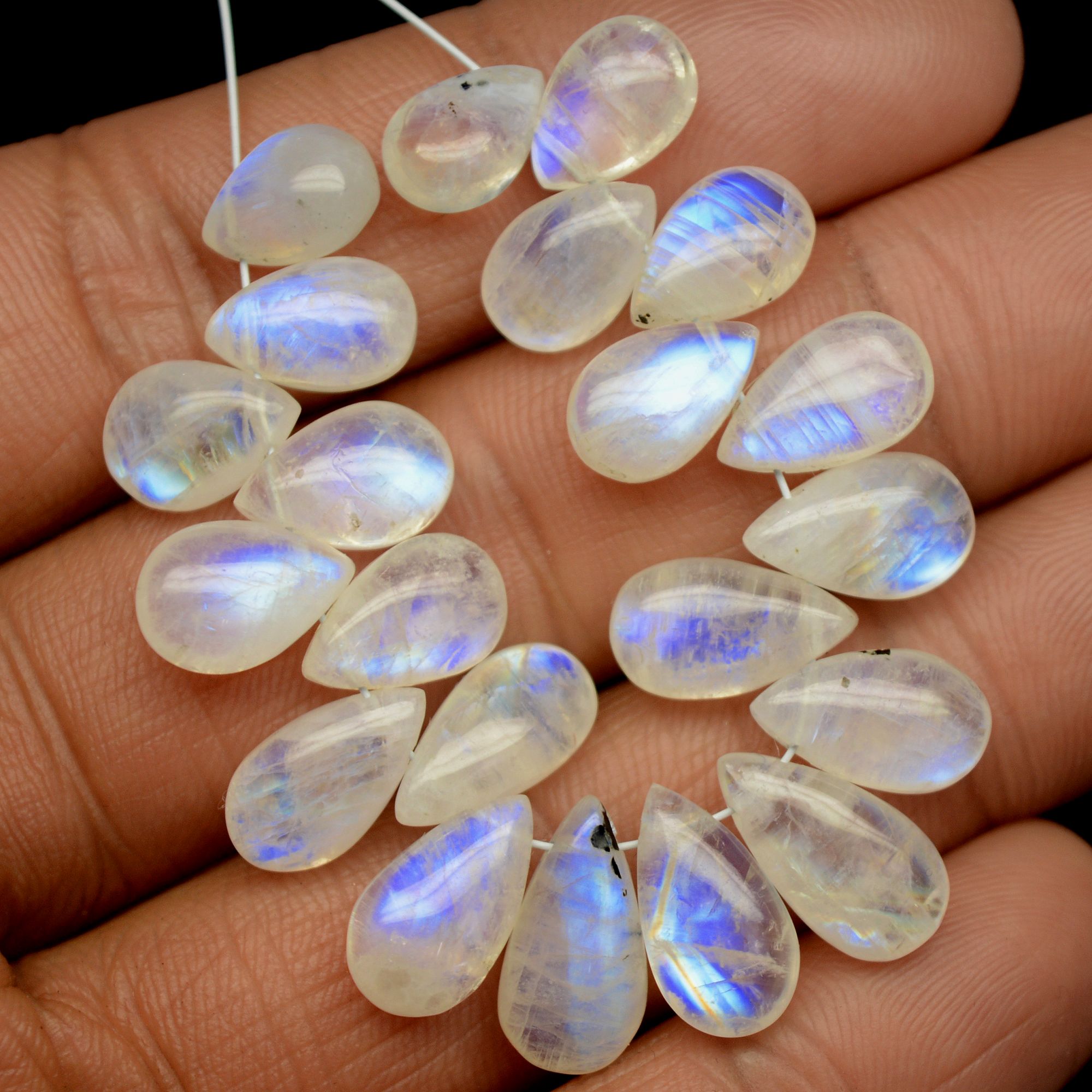 21Pcs 68Cts Natural Rainbow Moonstone Teadrop Briolettes Blue Flash Side Drill Loose Gemstone Cabochon Beads Wholesale Lot 9x6-13x7mm13550