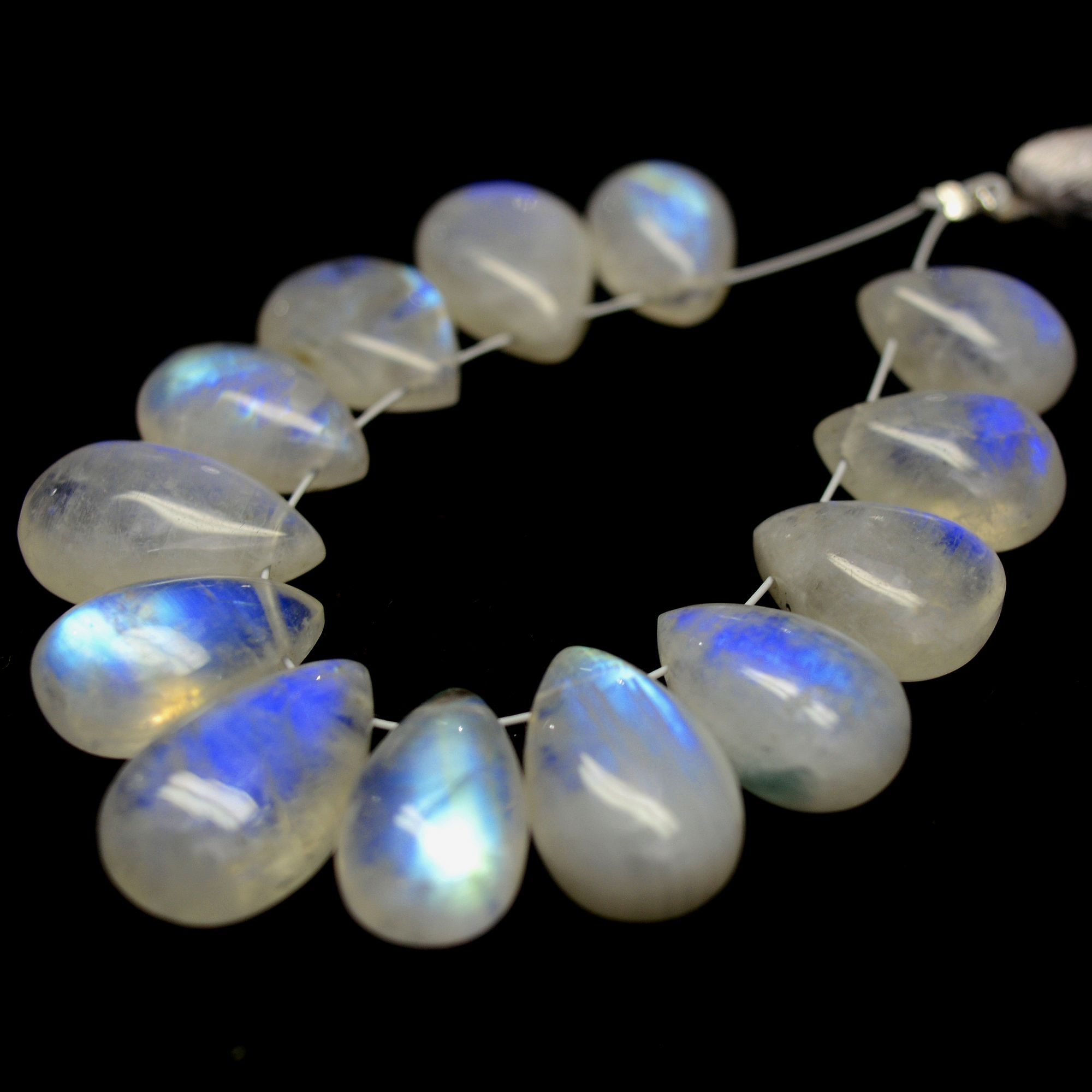 13Pcs 76Cts Natural Rainbow Moonstone Teadrop Briolettes Blue Flash Side Drill Loose Gemstone Cabochon Beads Wholesale Lot 11x8-16x9mm13552