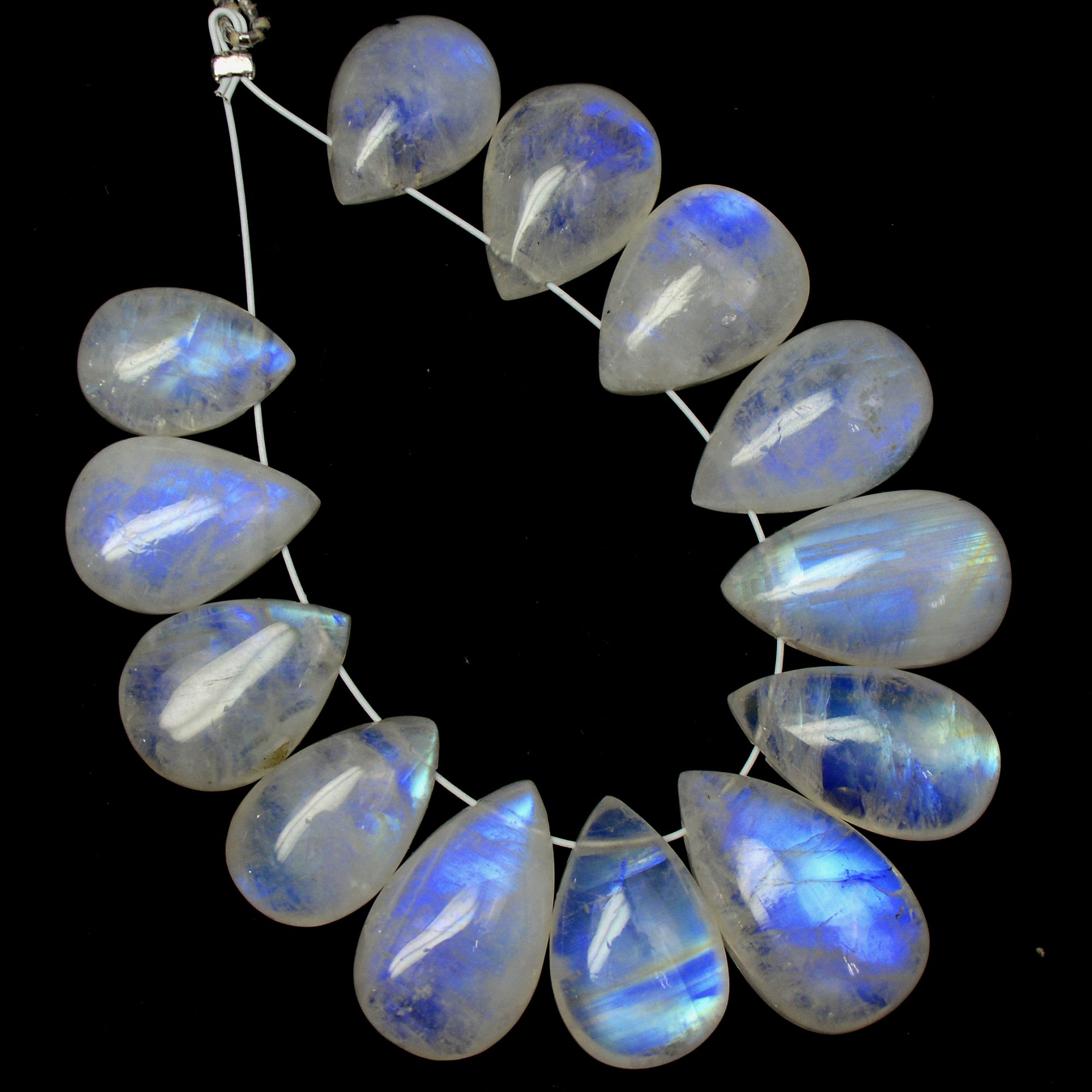 13Pcs 76Cts Natural Rainbow Moonstone Teadrop Briolettes Blue Flash Side Drill Loose Gemstone Cabochon Beads Wholesale Lot 11x8-16x9mm13552