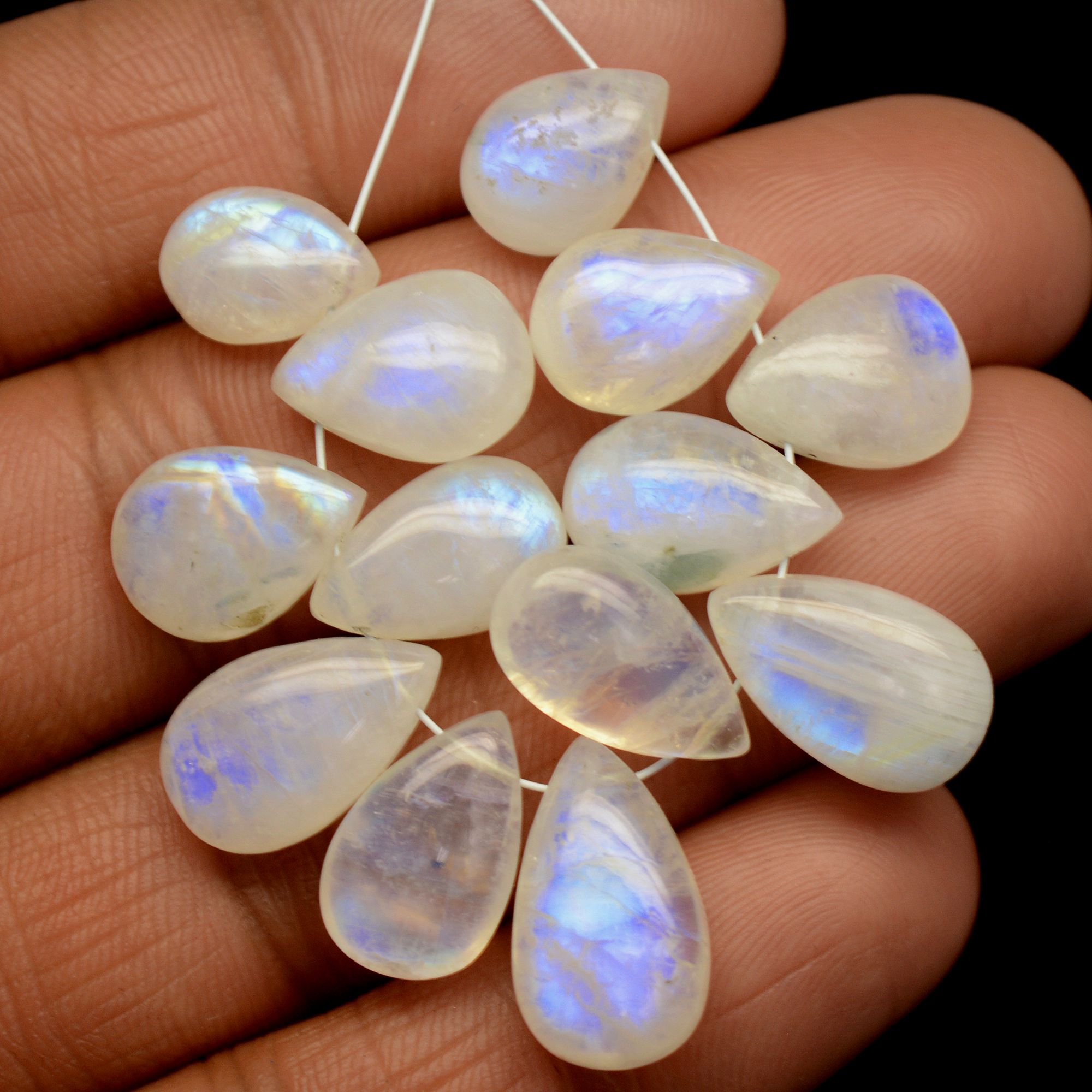 13Pcs 76Cts Natural Rainbow Moonstone Teadrop Briolettes Blue Flash Side Drill Loose Gemstone Cabochon Beads Wholesale Lot 11x8-16x9mm13552