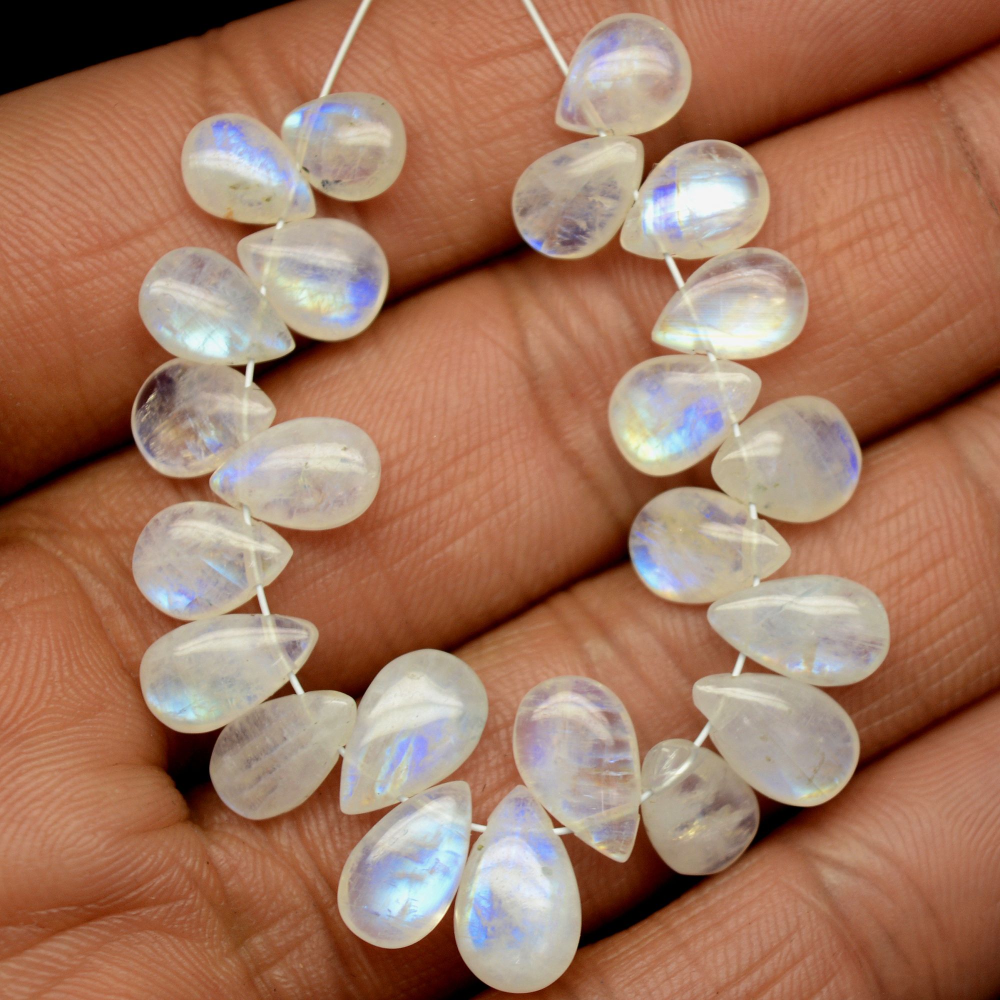 23 Pcs 38 Cts Natural Rainbow Moonstone Teadrop Briolettes Blue Flash Side Drill Loose Gemstone Beads Wholesale Lot 7x5-10x6mm 13553