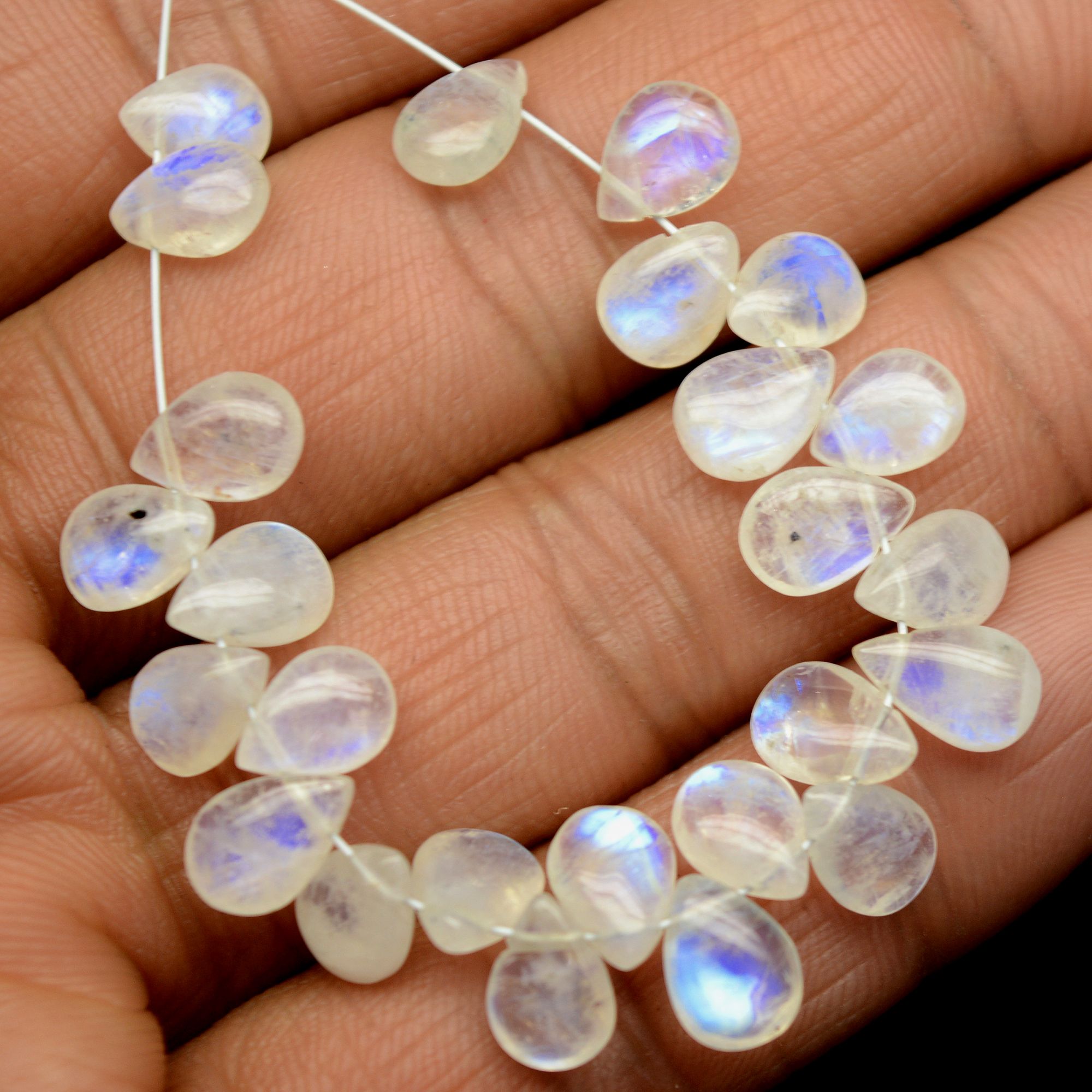 25 Pcs 34 Cts Natural Rainbow Moonstone Teadrop Briolettes Blue Flash Side Drill Loose Gemstone Beads Wholesale Lot 7x5-8x5mm 13554