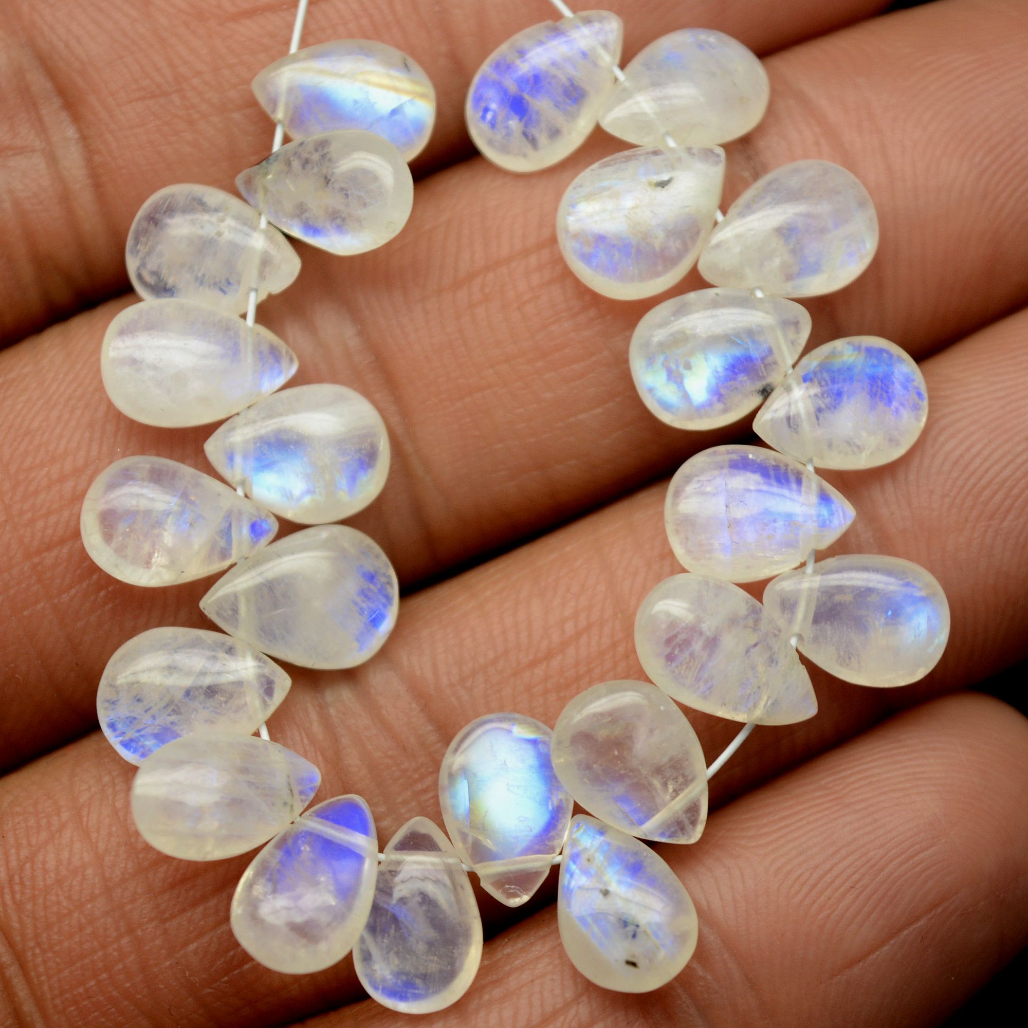 23Pcs 37Cts Natural Rainbow Moonstone Teadrop Briolettes Blue Flash Side Drill Loose Gemstone Cabochon Beads Wholesale Lot 8x5-9x6mm13555