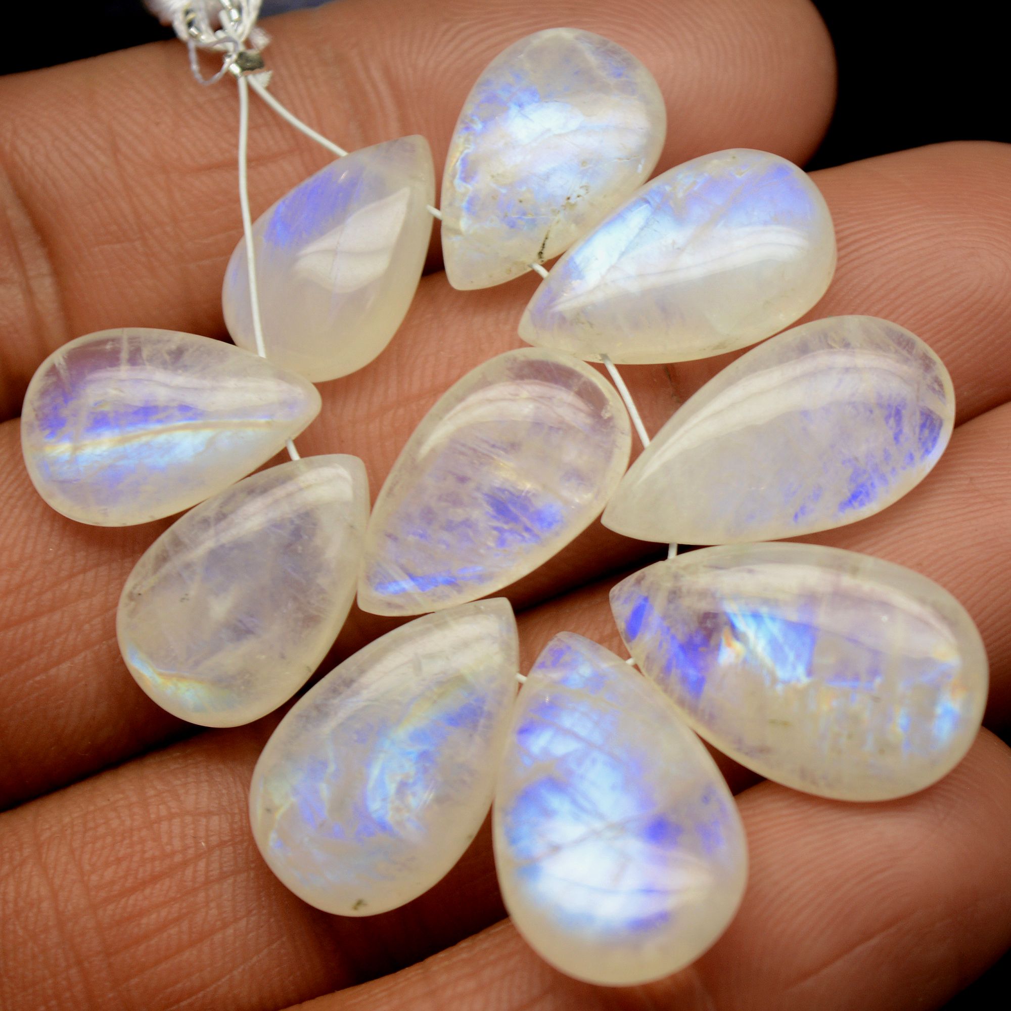 10Pcs 79Cts Natural Rainbow Moonstone Briolettes Side Drill Loose Gemstone Pear Cabochon Wholesaler Gemstone Gift For Her 14x9-20x12mm13557