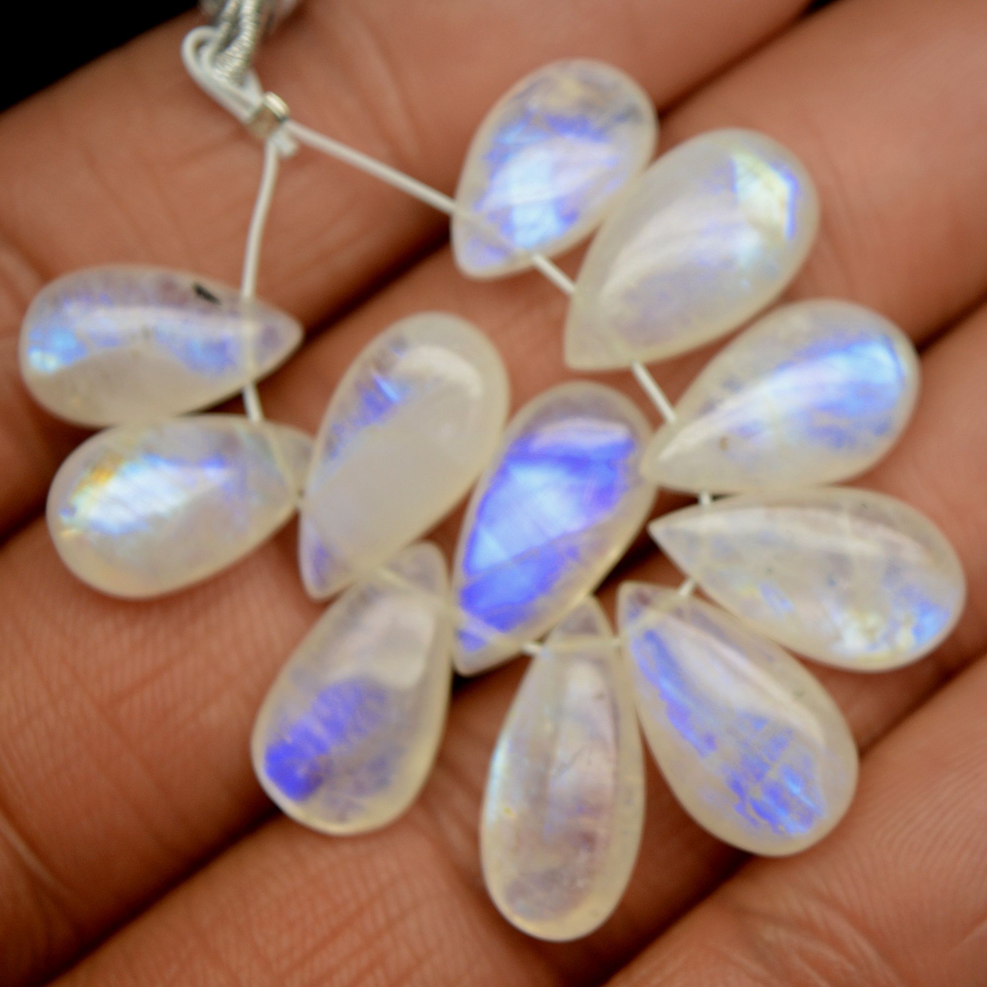 11Pcs 55Cts Natural Rainbow Moonstone Briolettes Side Drill Loose Gemstone Pear Cabochon Wholesaler Gemstone Gift For Her 12x7-16x12mm13558